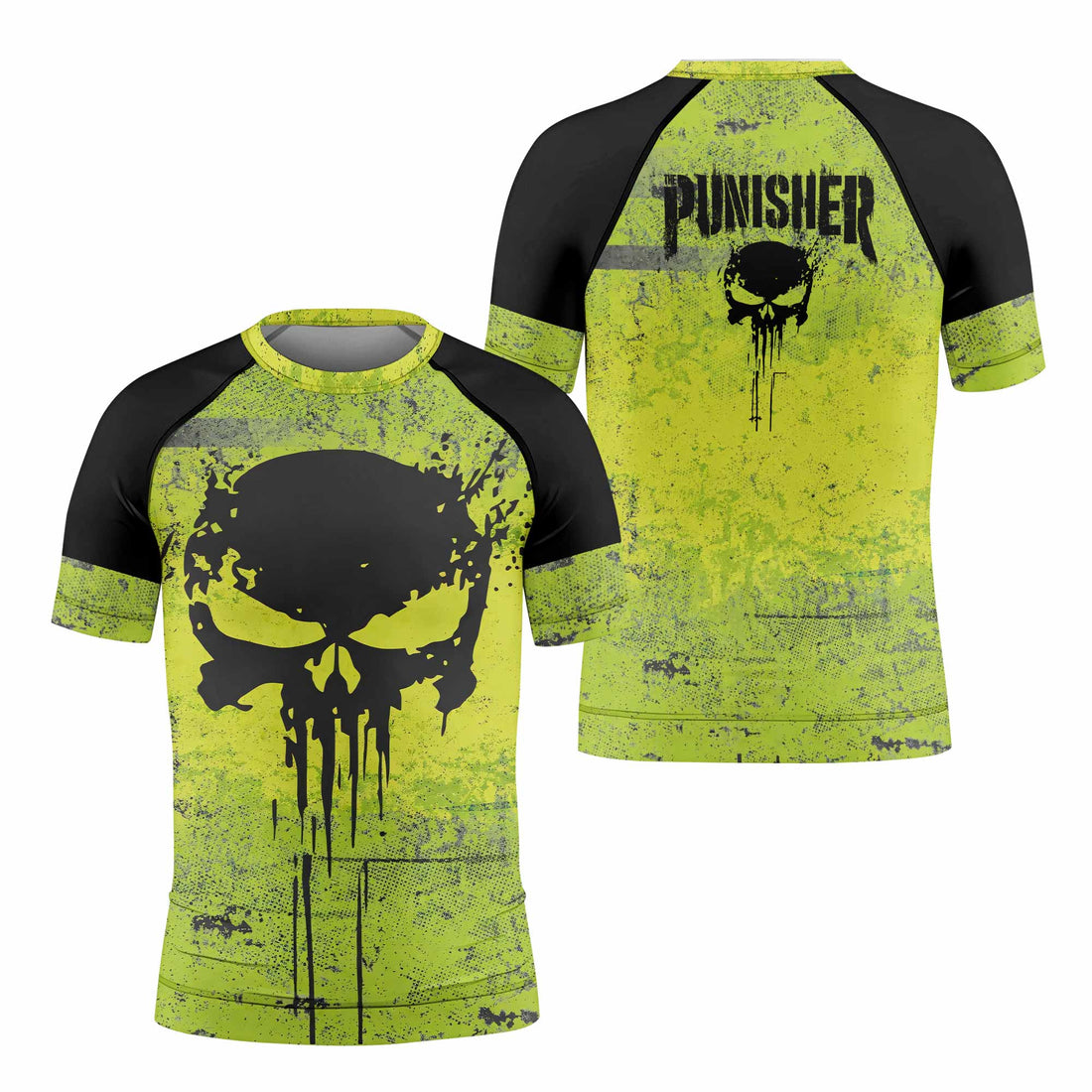 The Punisher Skull Kids Rash Guard Short Sleeve - front and back view