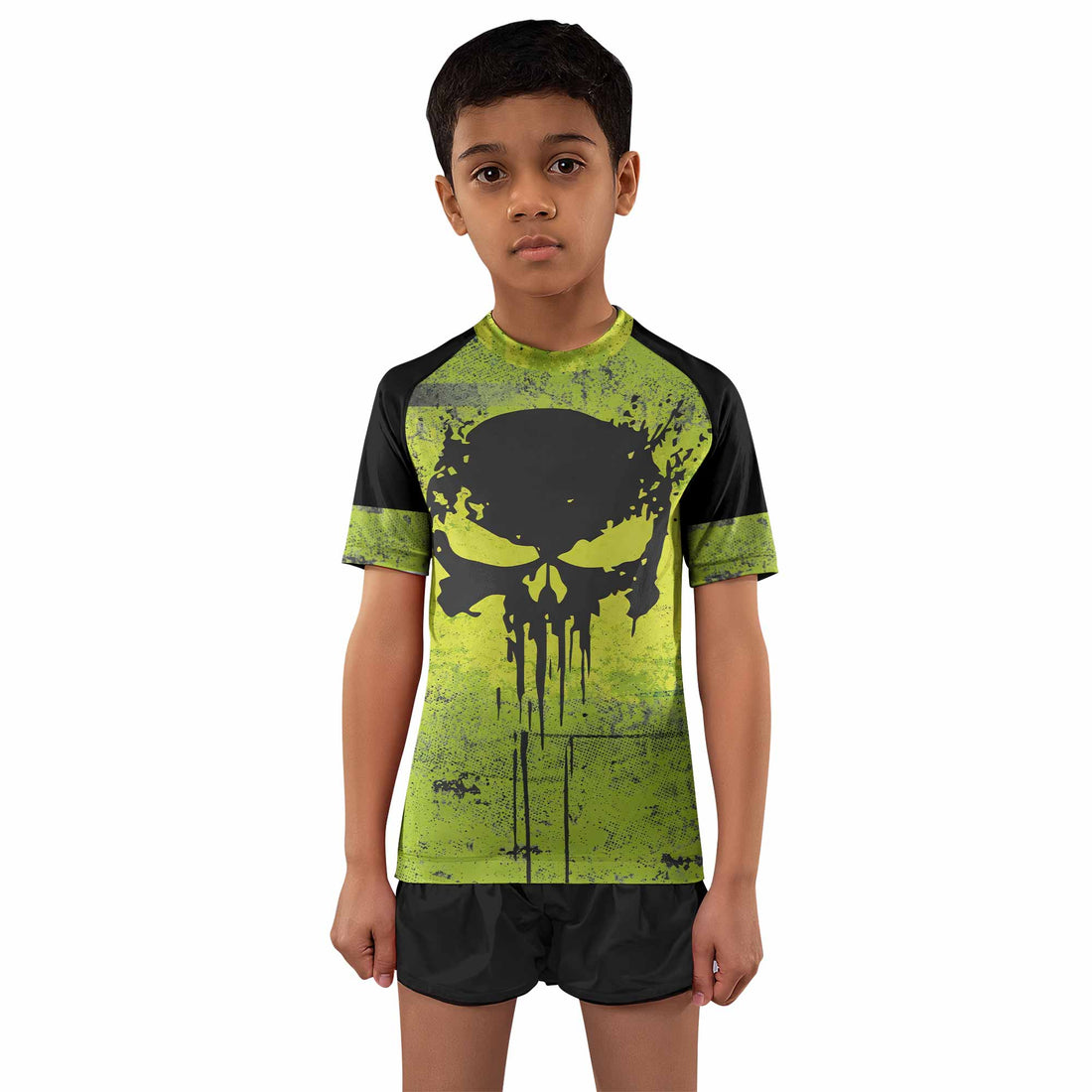 The Punisher Skull Kids Rash Guard Short Sleeve - front and back view