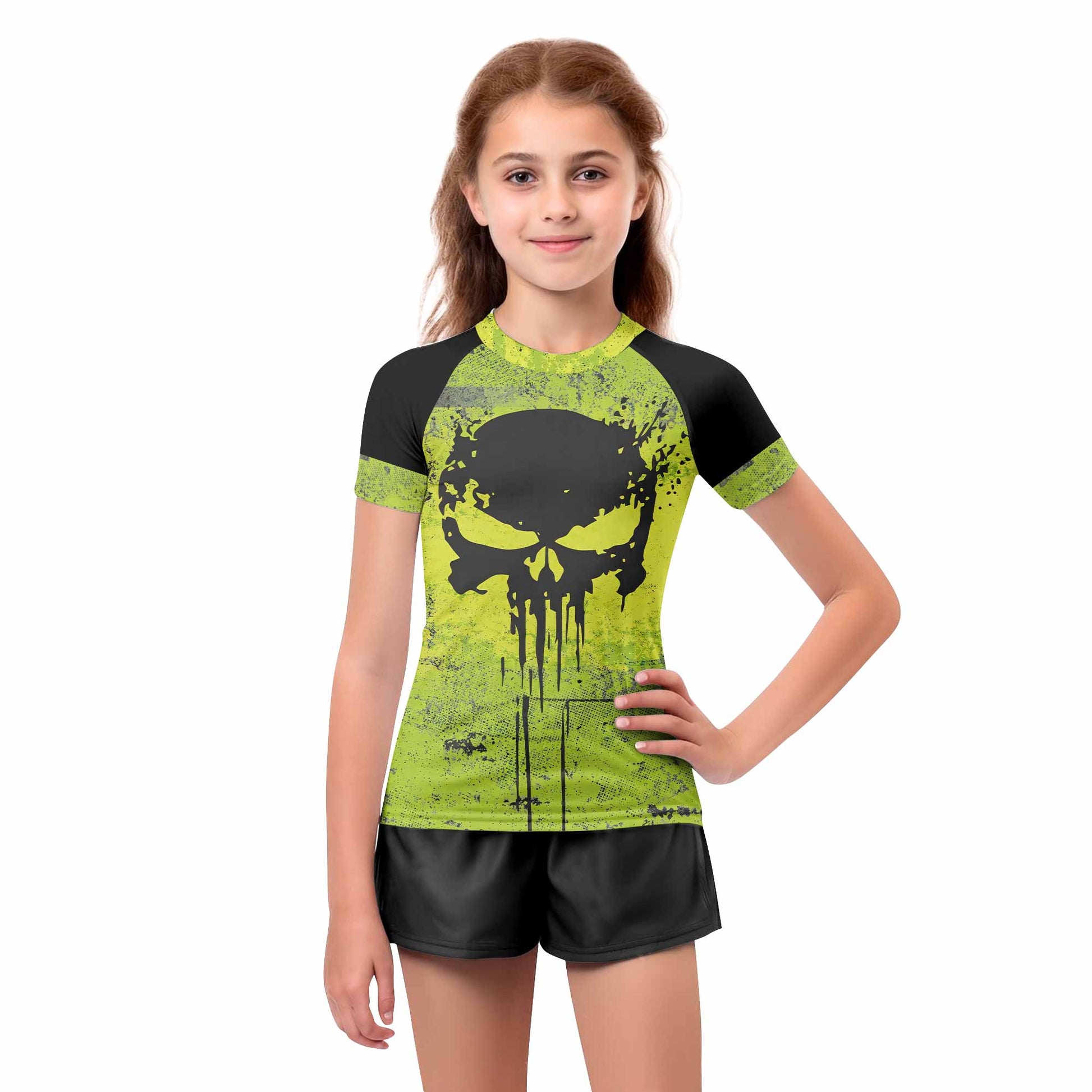 The Punisher Skull Kids Rash Guard Short Sleeve - girl's lifestyle view