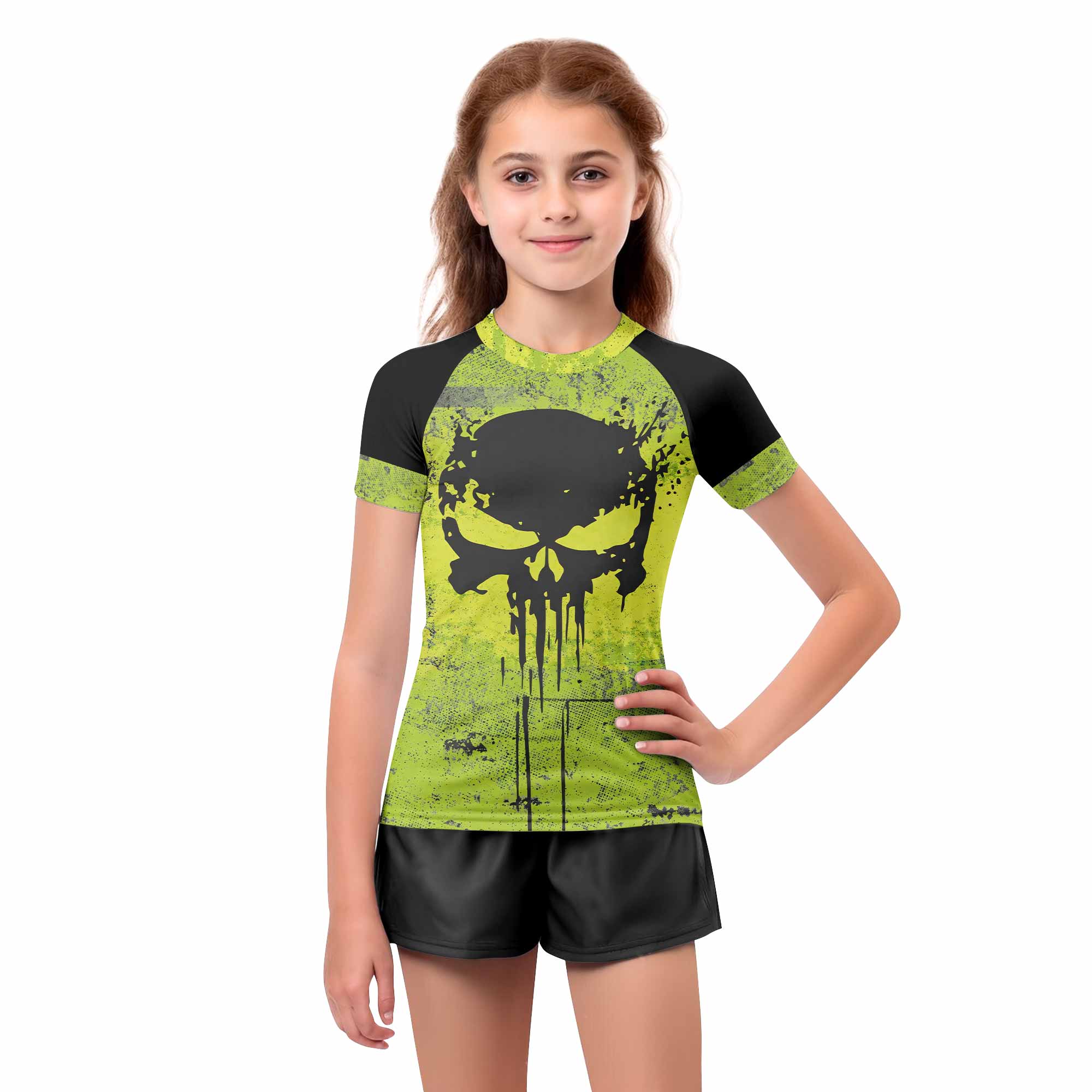 The Punisher Skull Kids Rash Guard Short Sleeve - girl's lifestyle view
