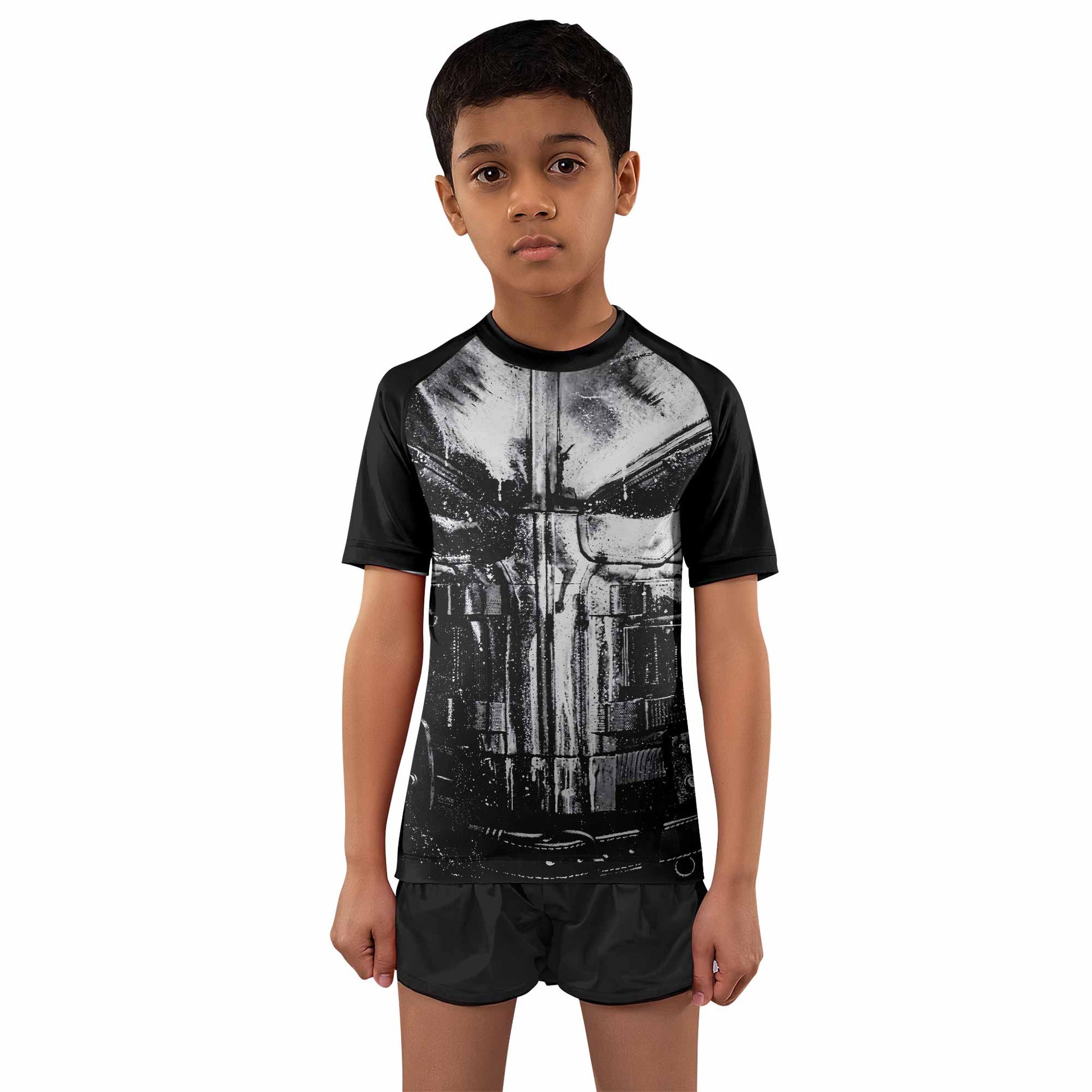 The Punisher War Mask Kids Rash Guard Short Sleeve - front and back view