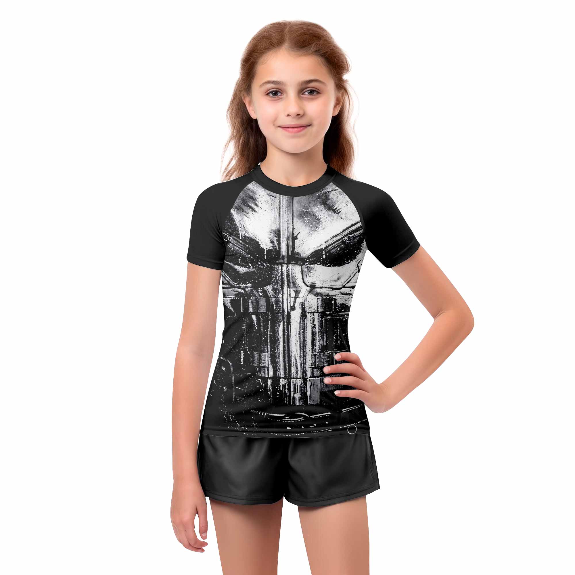 The Punisher War Mask Kids Rash Guard Short Sleeve - girl's lifestyle view