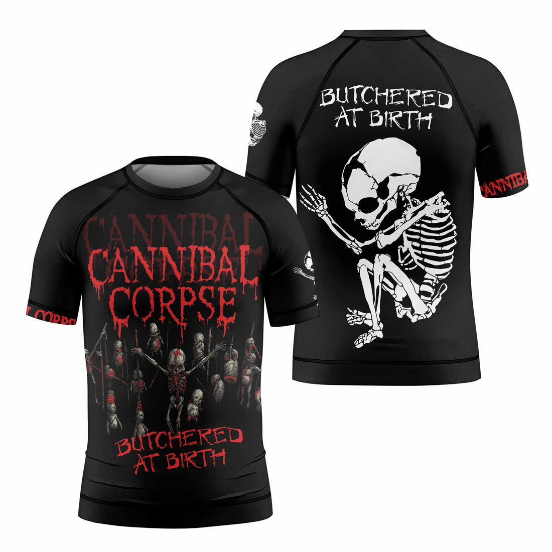 Cannibal Corpse Butchered at Birth Kids Rash Guard Short Sleeve - front and back view
