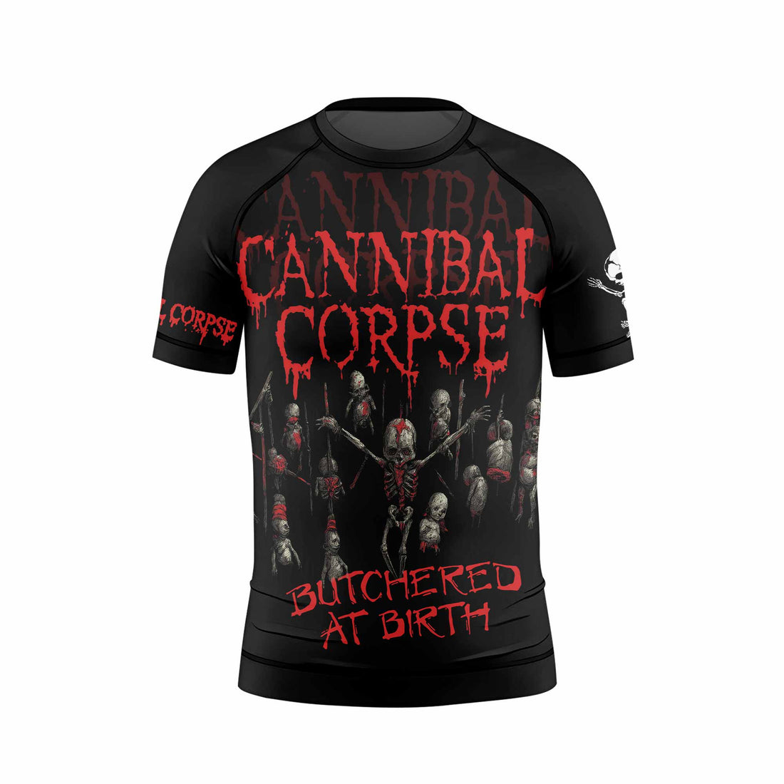 Cannibal Corpse Butchered at Birth Kids Rash Guard Short Sleeve - front and back view