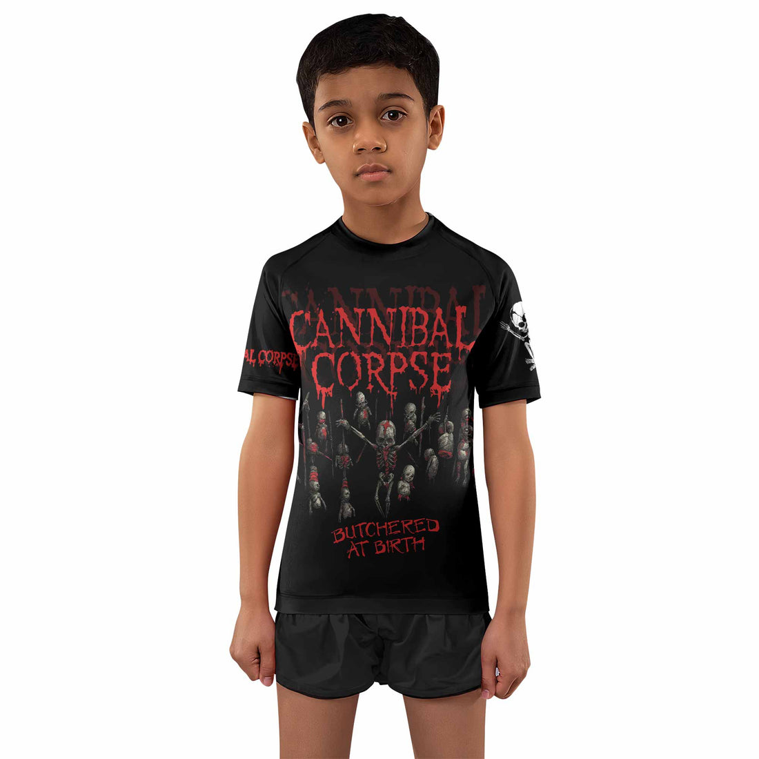 Cannibal Corpse Butchered at Birth Kids Rash Guard Short Sleeve - front and back view