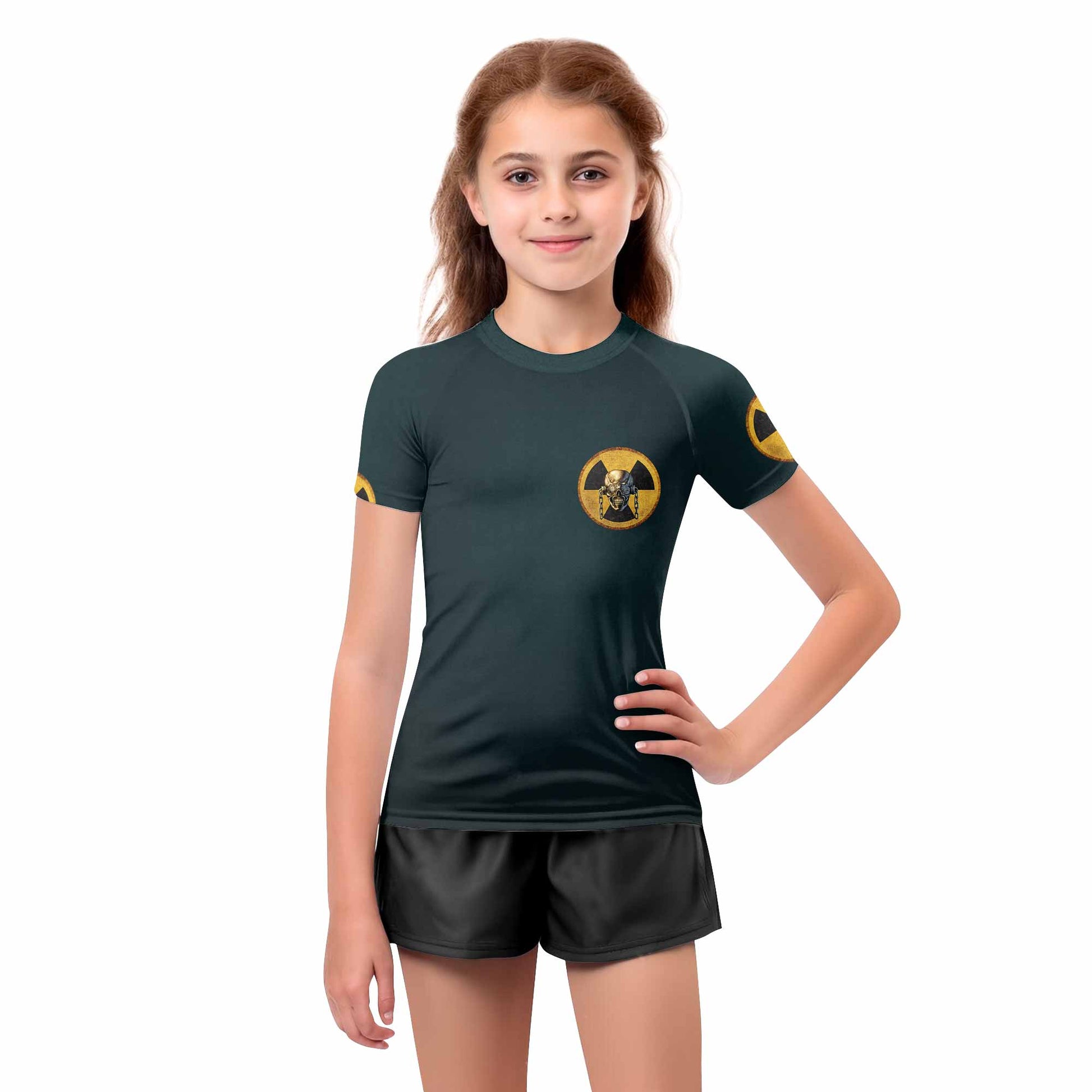 Megadeth Nuclear Skull Kids Rash Guard Short Sleeve - girl's lifestyle view