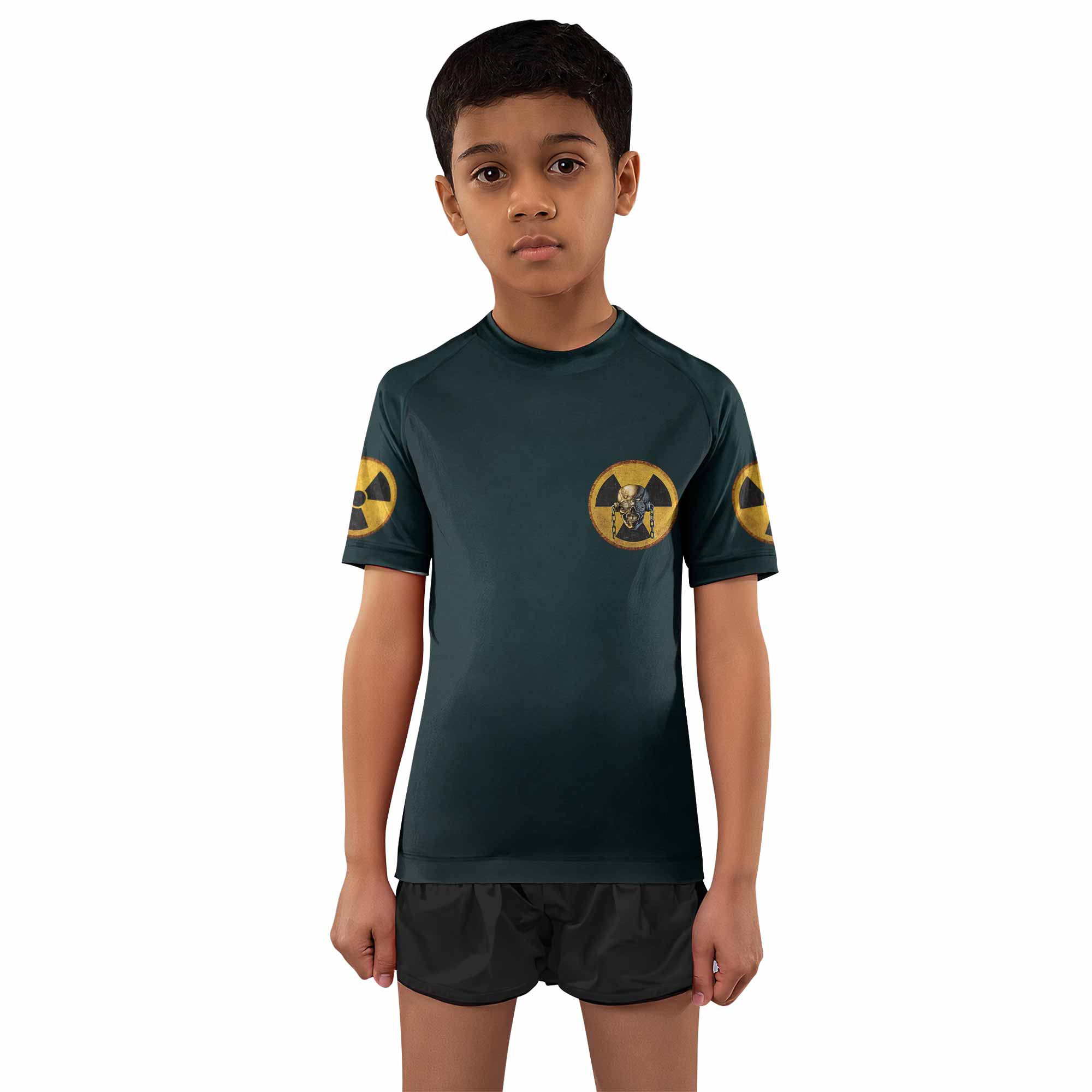 Megadeth Nuclear Skull Kids Rash Guard Short Sleeve - front and back view
