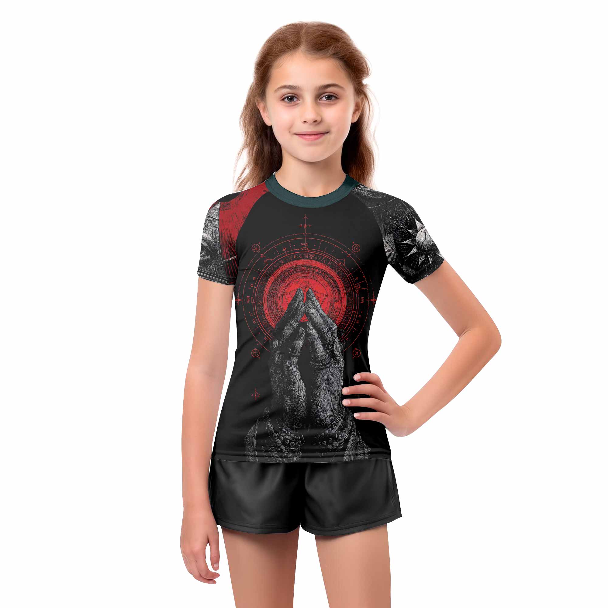 All Seeing Eye Kids Rash Guard Short Sleeve - girl's lifestyle view