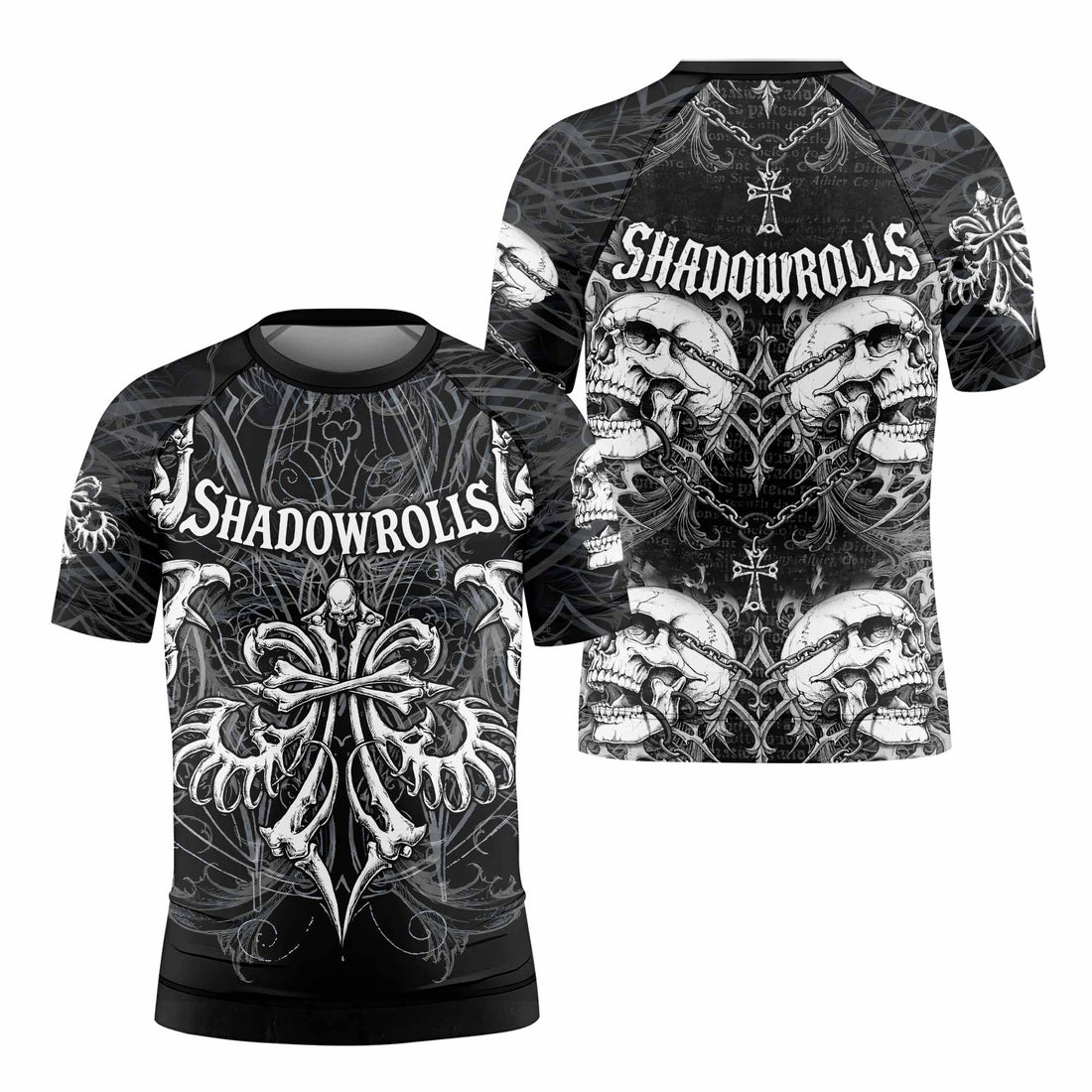 Shadowrolls Skull Cross Kids Rash Guard Short Sleeve - front and back view