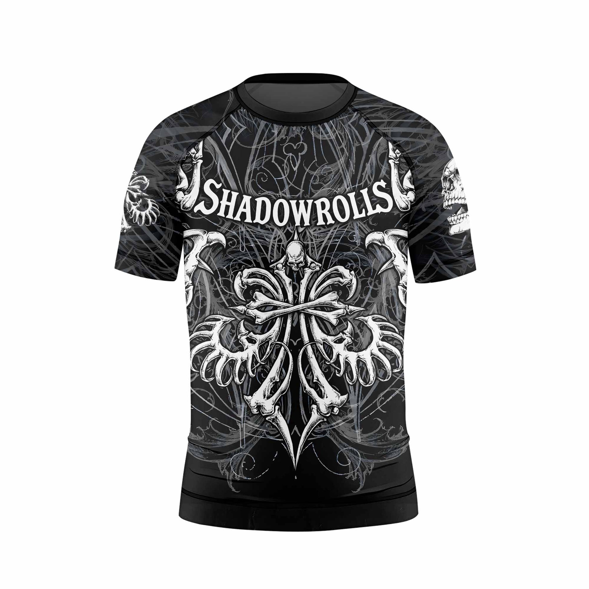 Shadowrolls Skull Cross Kids Rash Guard Short Sleeve - back view mockup