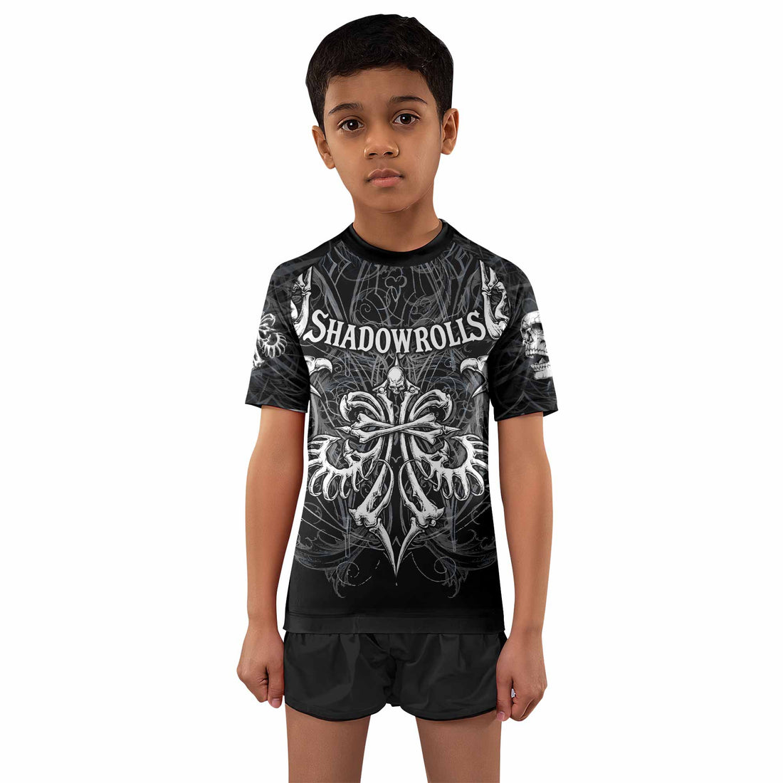 Shadowrolls Skull Cross Kids Rash Guard Short Sleeve - front and back view