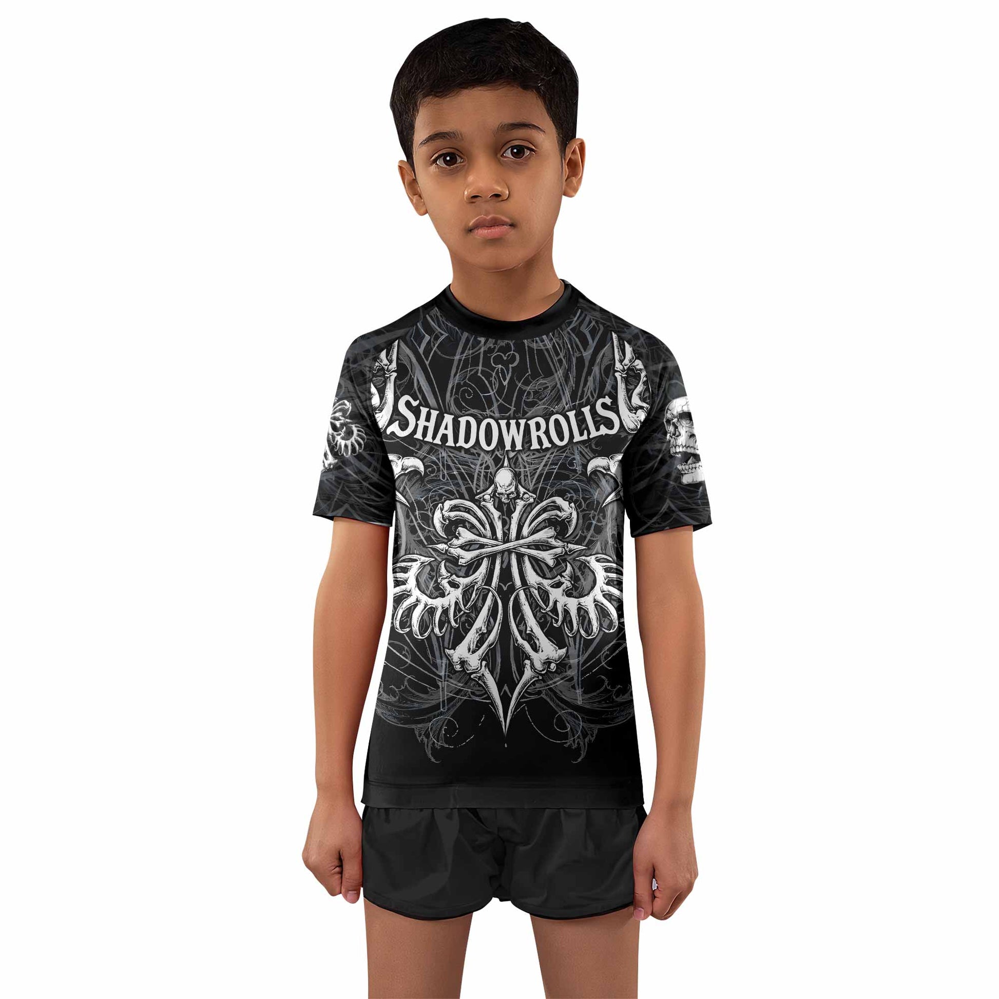 Shadowrolls Skull Cross Kids Rash Guard Short Sleeve - front and back view