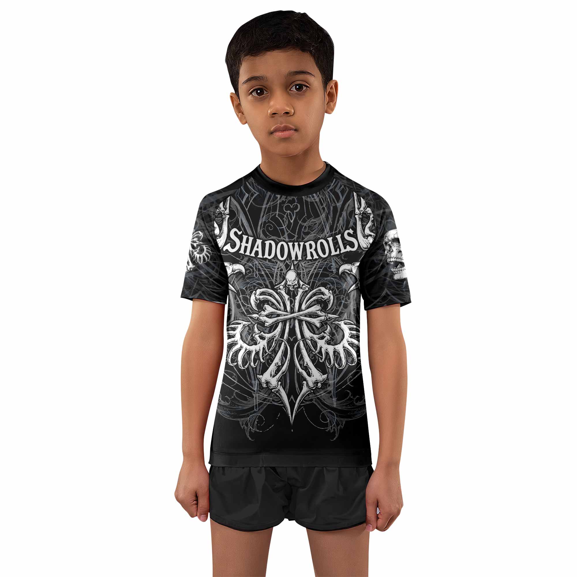 Shadowrolls Skull Cross Kids Rash Guard Short Sleeve - front and back view