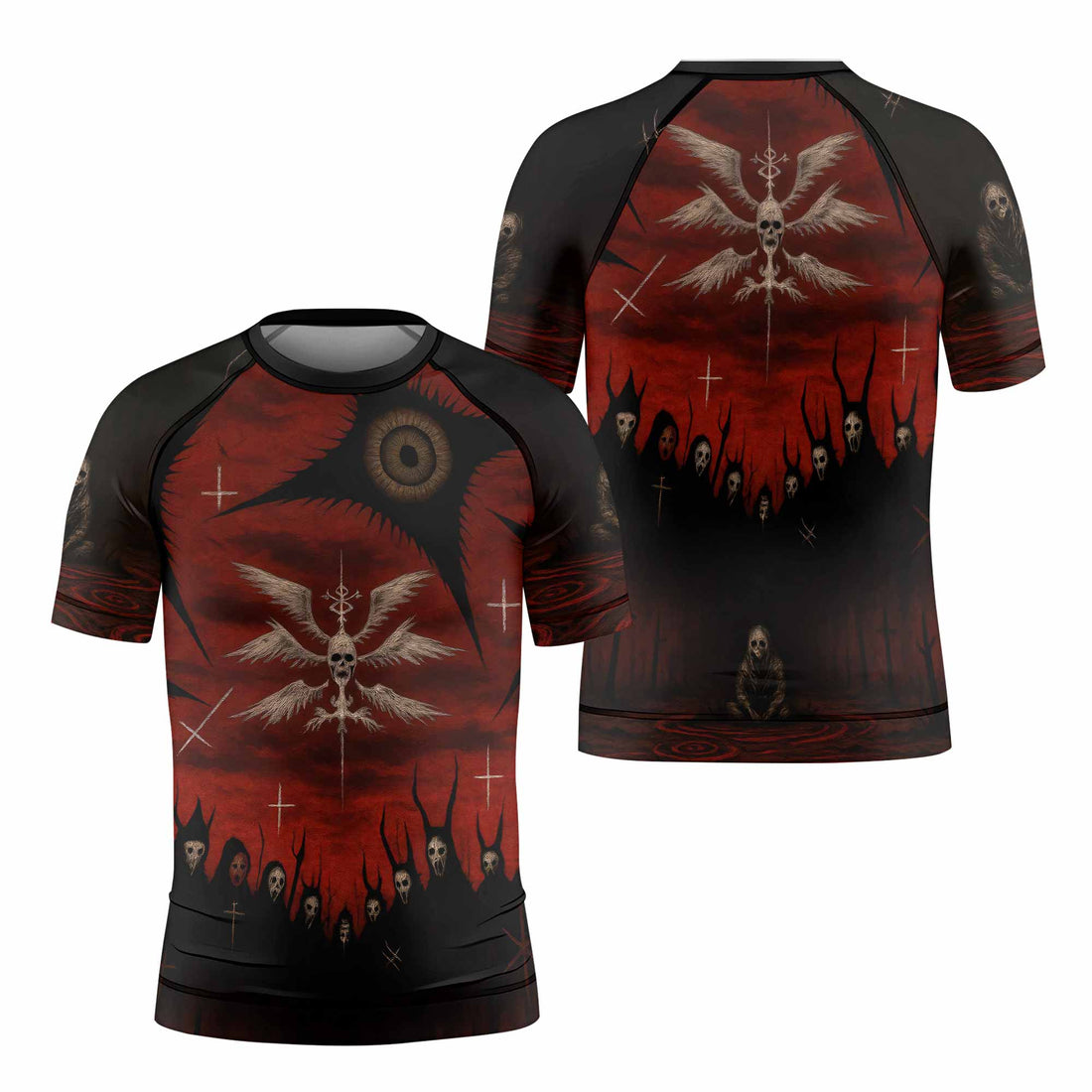 Occult Fallen Seraph Ritual Kids Rash Guard Short Sleeve - front and back view