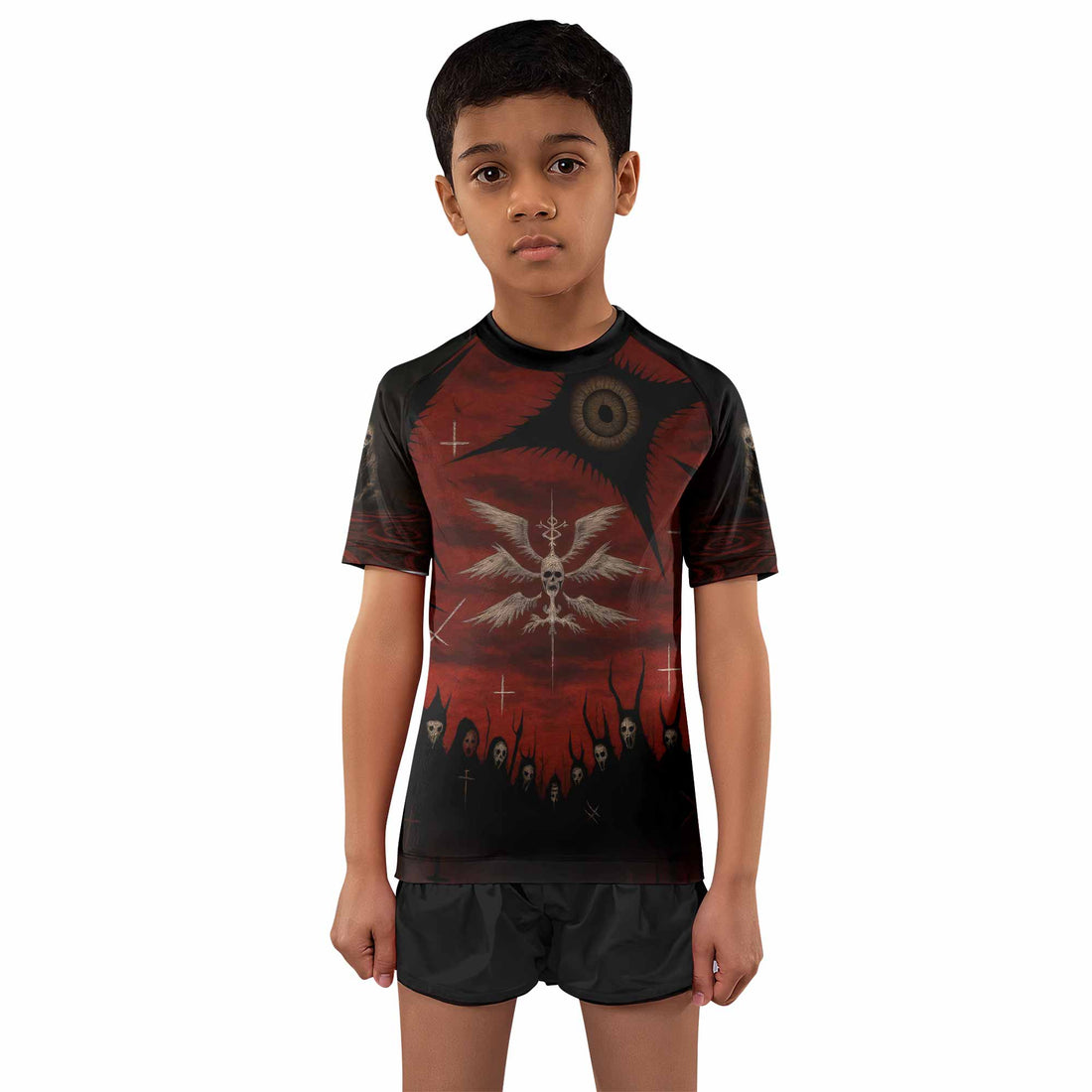 Occult Fallen Seraph Ritual Kids Rash Guard Short Sleeve - front and back view