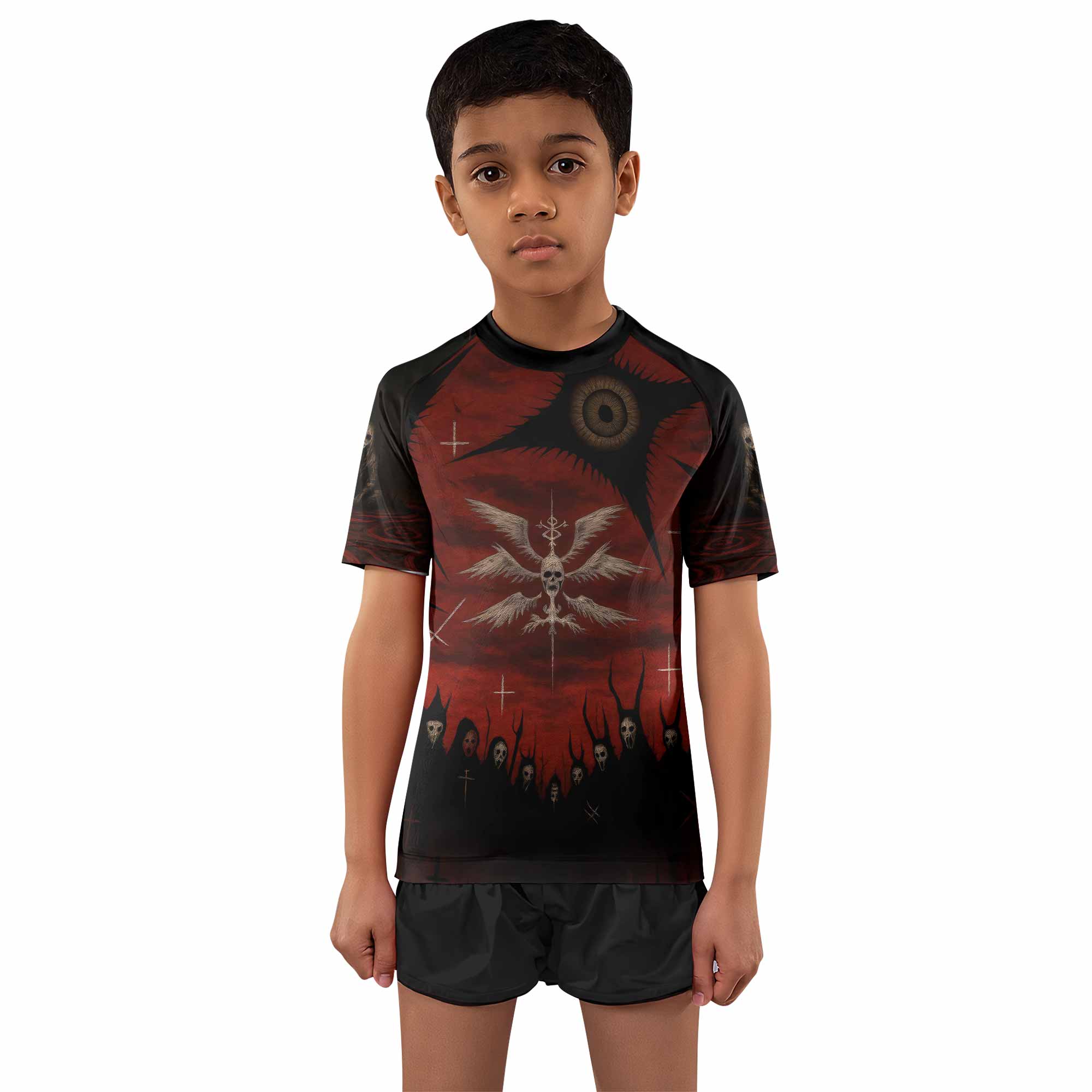 Occult Fallen Seraph Ritual Kids Rash Guard Short Sleeve - front and back view