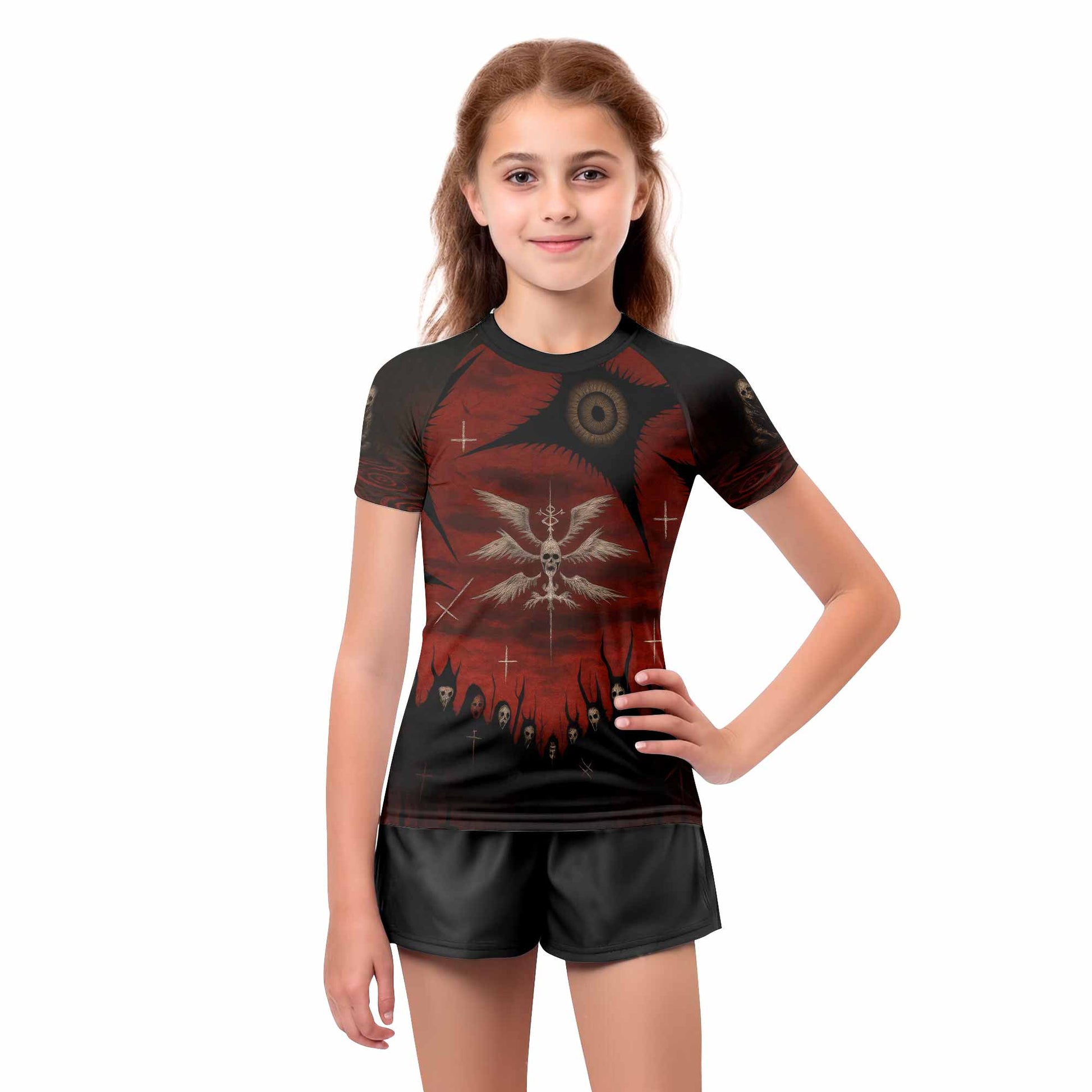 Occult Fallen Seraph Ritual Kids Rash Guard Short Sleeve - girl's lifestyle view
