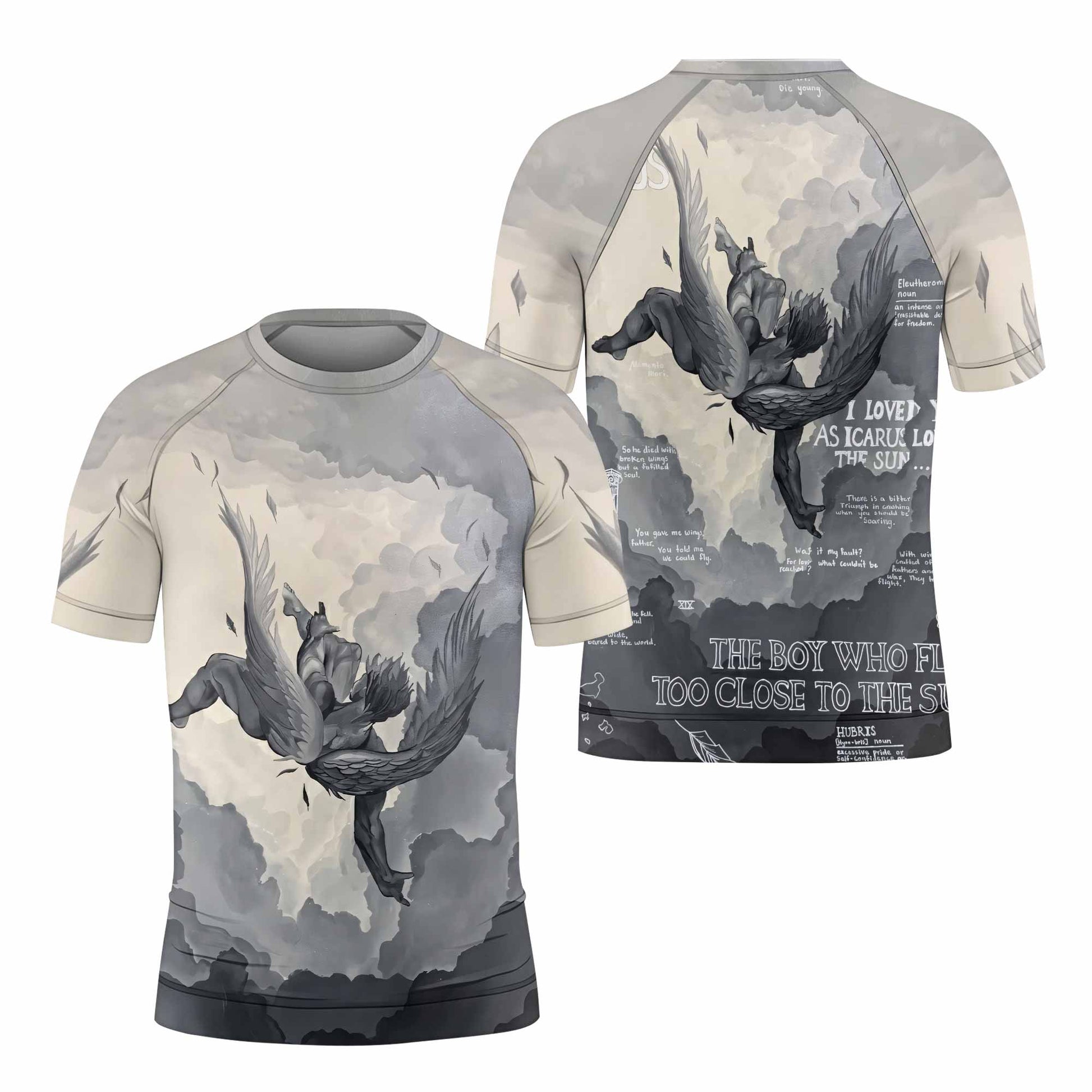 Icarus Too Close To The Sun Kids Rash Guard Short Sleeve - front view mockup