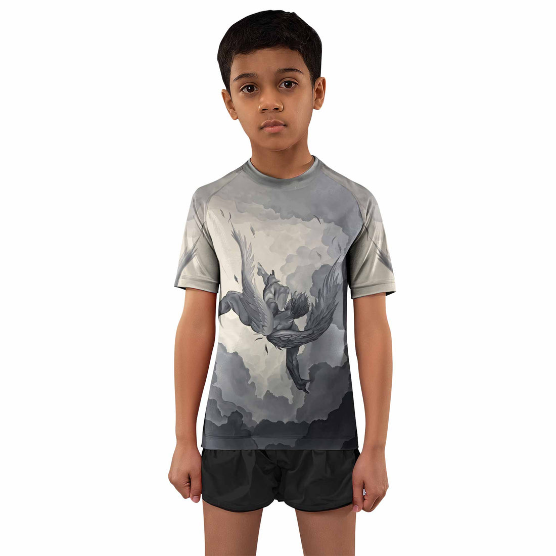Icarus Too Close To The Sun Kids Rash Guard Short Sleeve - front and back view