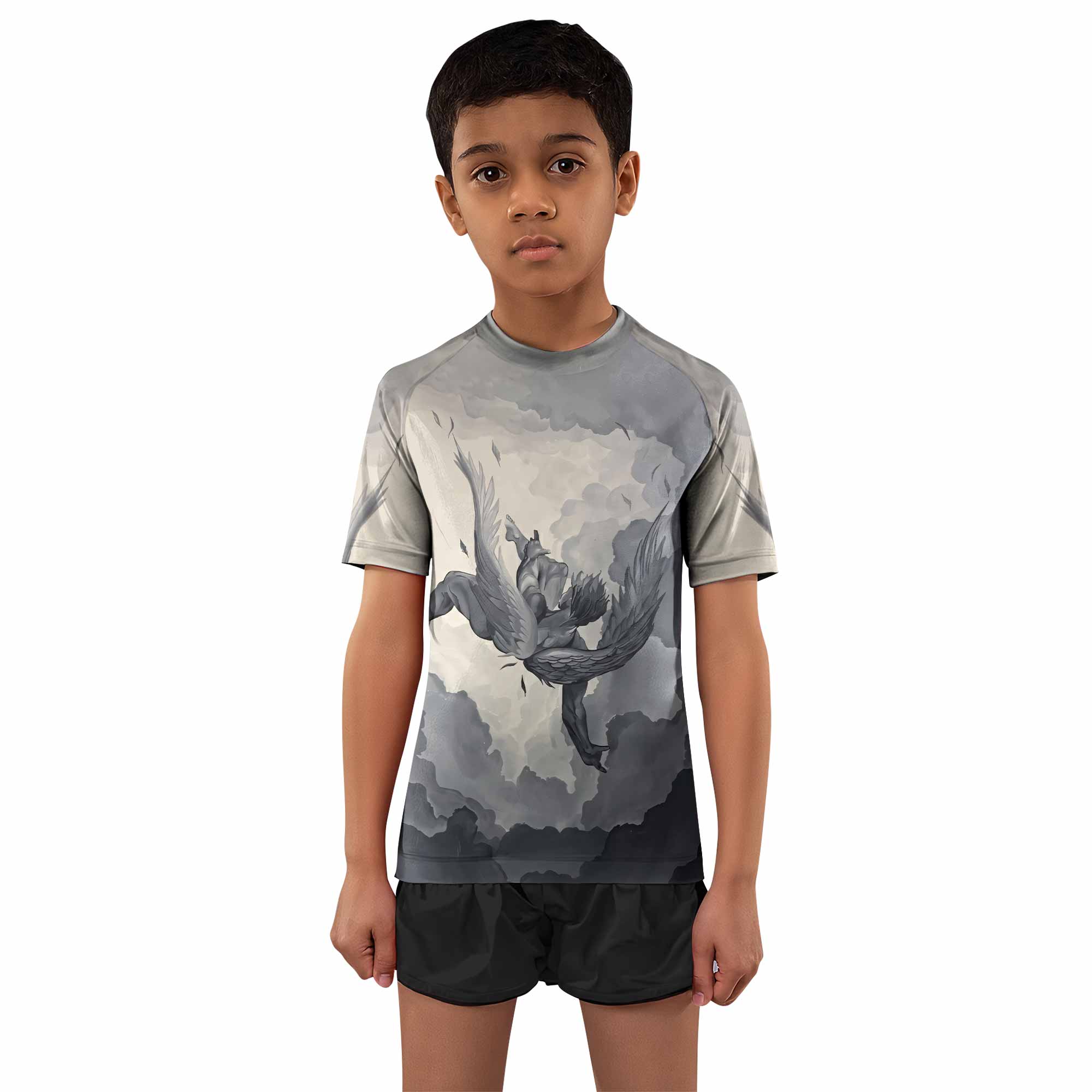 Icarus Too Close To The Sun Kids Rash Guard Short Sleeve - front and back view
