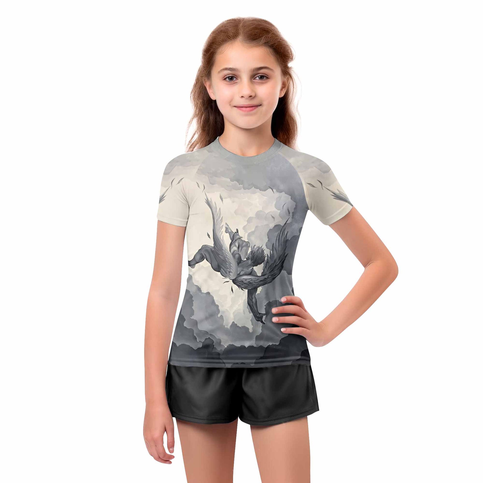 Icarus Too Close To The Sun Kids Rash Guard Short Sleeve - girl's lifestyle view