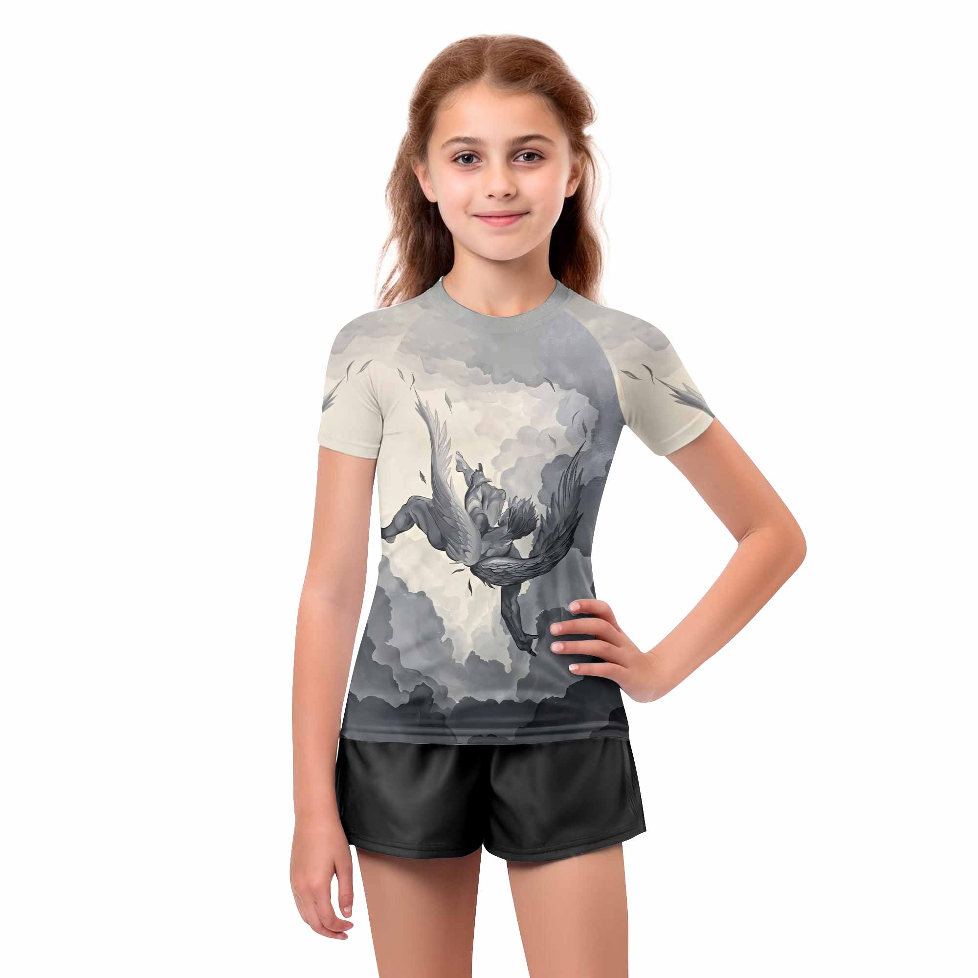 Icarus Too Close To The Sun Kids Rash Guard Short Sleeve - girl's lifestyle view