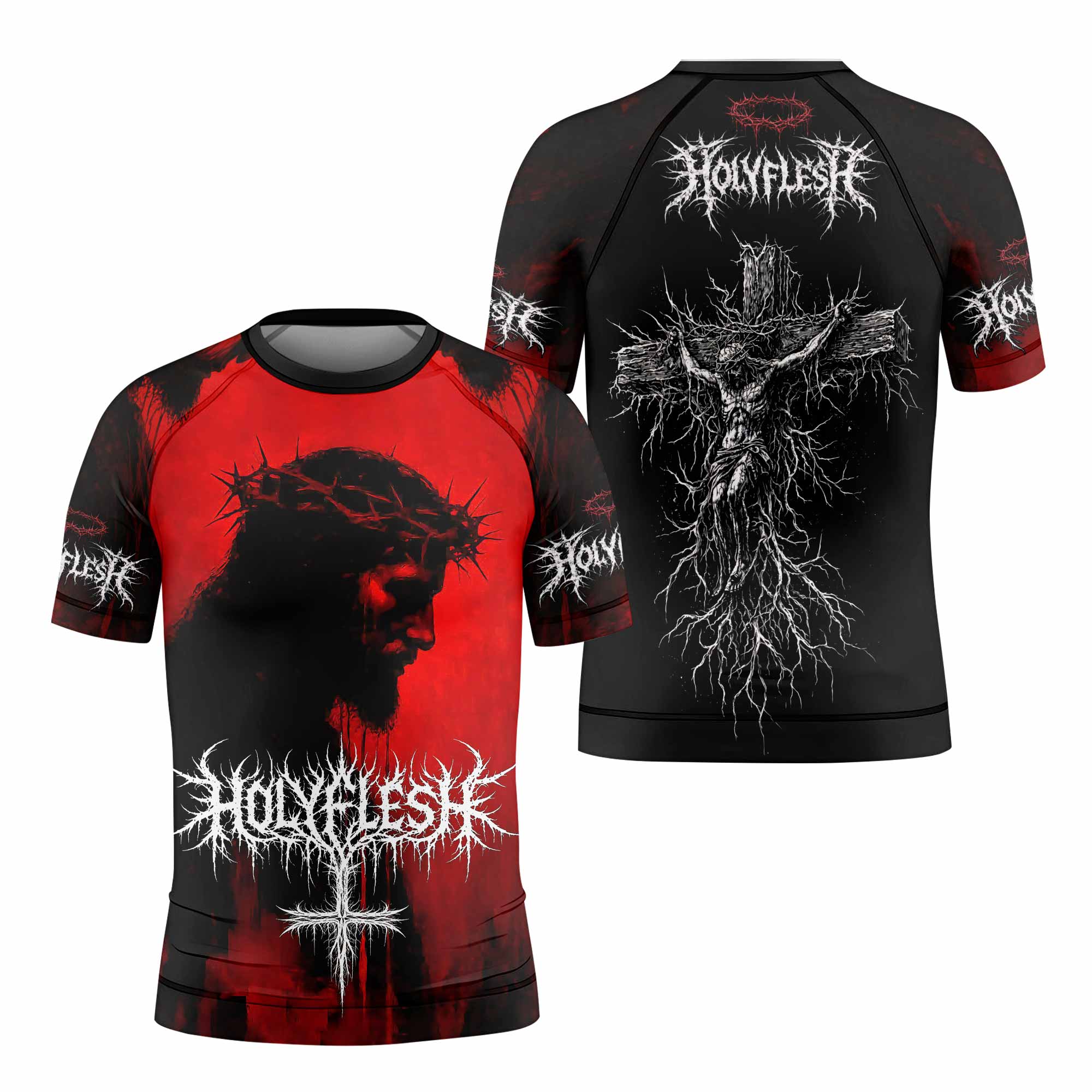 Holy Flesh Crown of Thorns Kids Rash Guard Short Sleeve - front view mockup