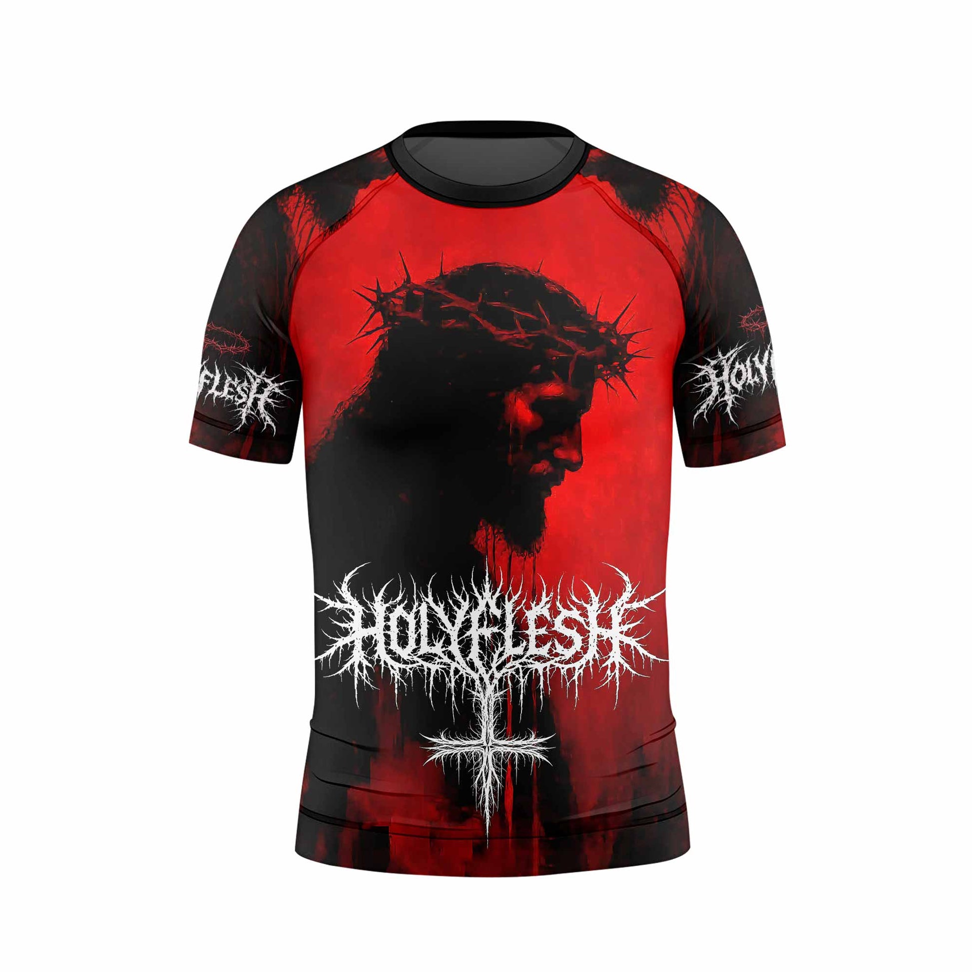 Holy Flesh Crown of Thorns Kids Rash Guard Short Sleeve - back view mockup