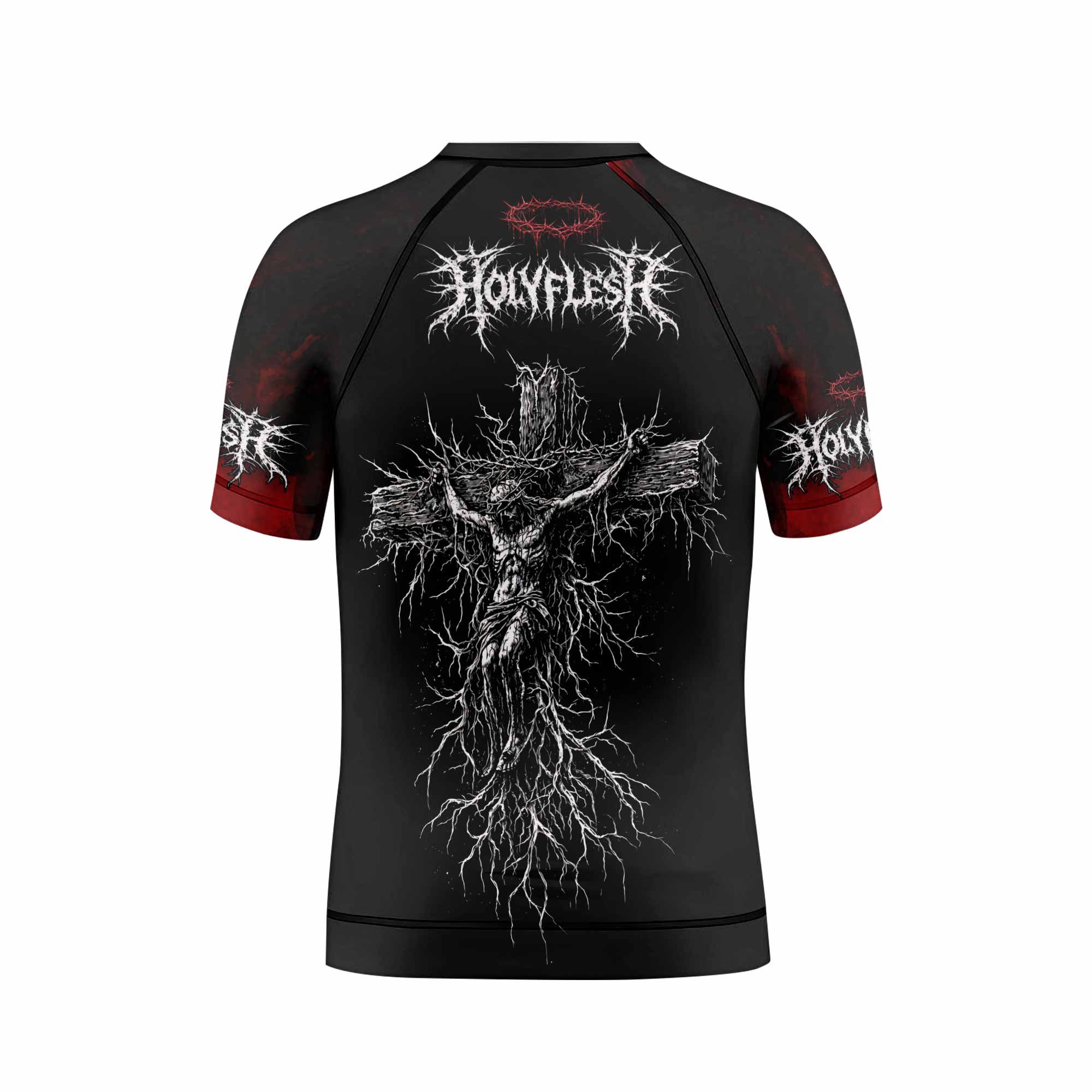 Holy Flesh Crown of Thorns Kids Rash Guard Short Sleeve - boy's lifestyle view