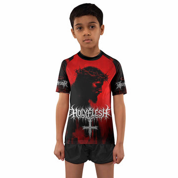 Holy Flesh Crown of Thorns Kids Rash Guard Short Sleeve - front and back view