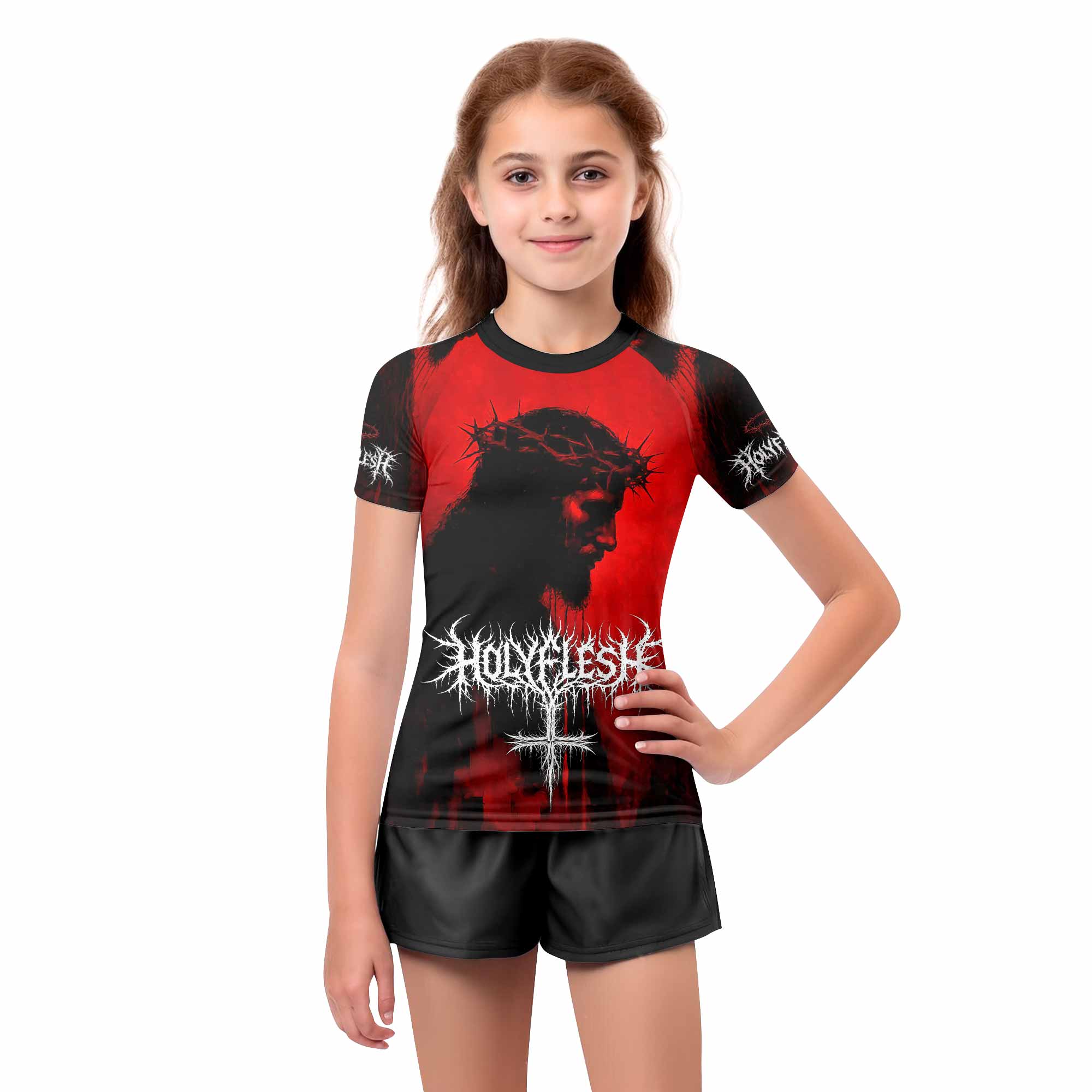 Holy Flesh Crown of Thorns Kids Rash Guard Short Sleeve - girl's lifestyle view