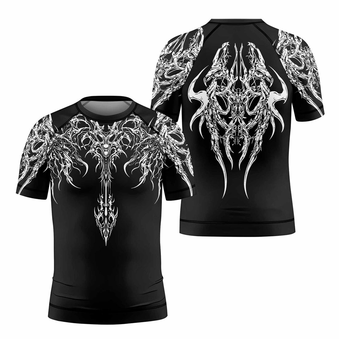 Gothic Bone Skull Kids Rash Guard Short Sleeve - front and back view