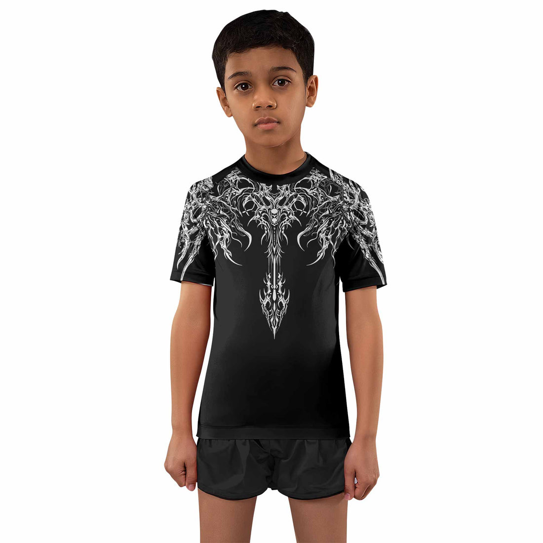 Gothic Bone Skull Kids Rash Guard Short Sleeve - front and back view