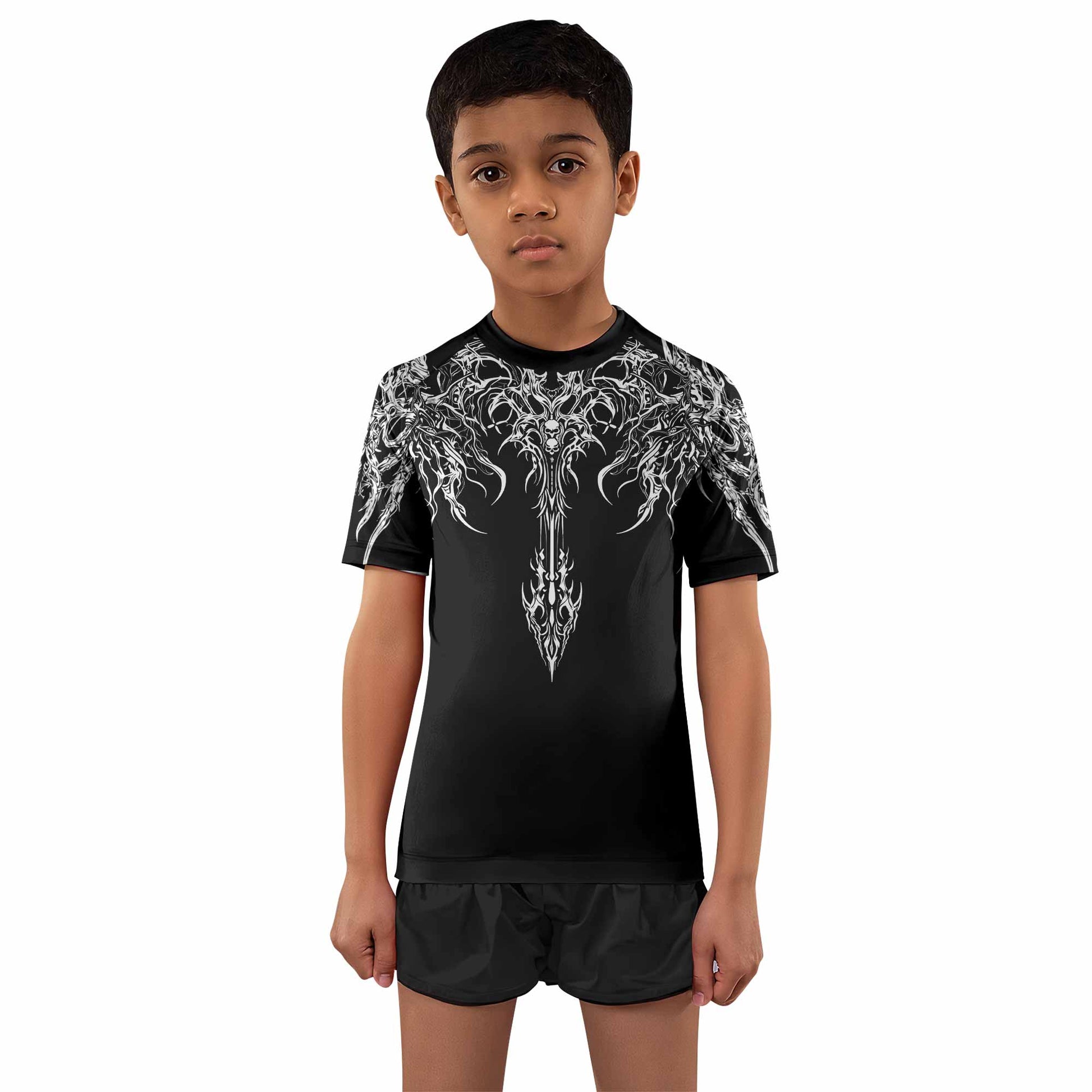 Gothic Bone Skull Kids Rash Guard Short Sleeve - front and back view
