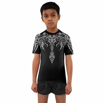 Gothic Bone Skull Kids Rash Guard Short Sleeve - front and back view