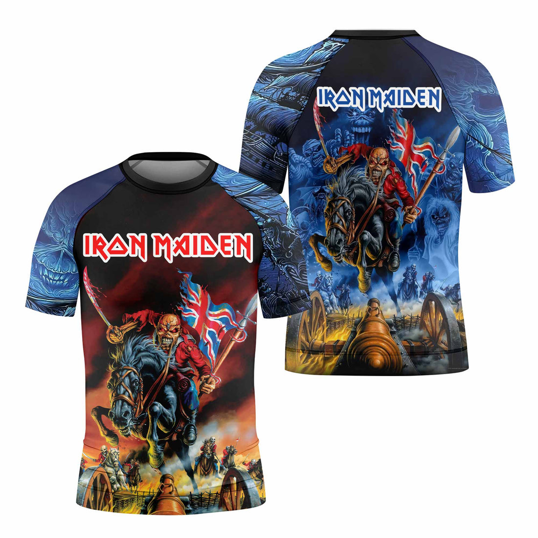 Iron Maiden England Flag Kids Rash Guard Short Sleeve - front and back view