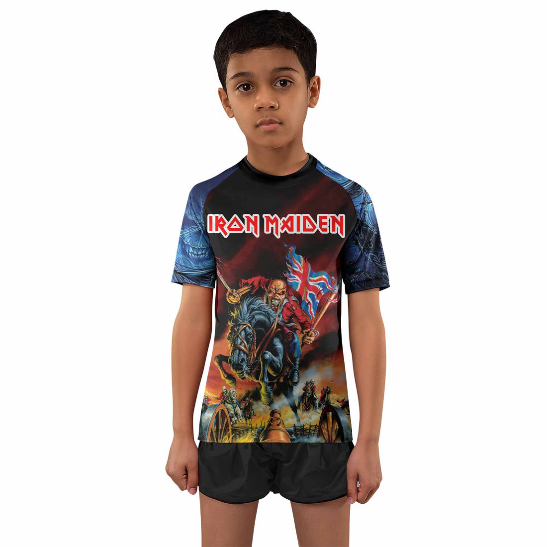 Iron Maiden England Flag Kids Rash Guard Short Sleeve - front and back view