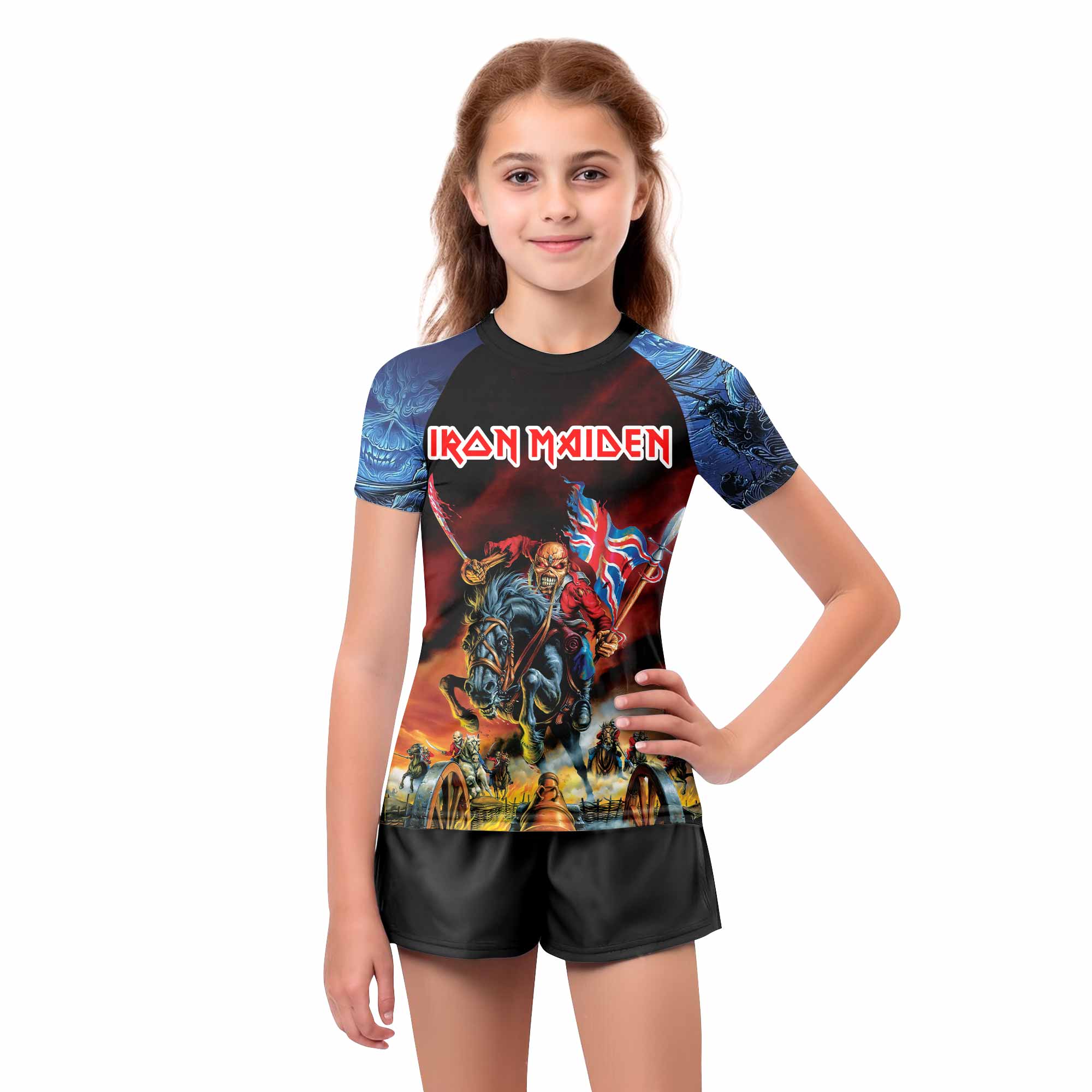 Iron Maiden England Flag Kids Rash Guard Short Sleeve - girl's lifestyle view
