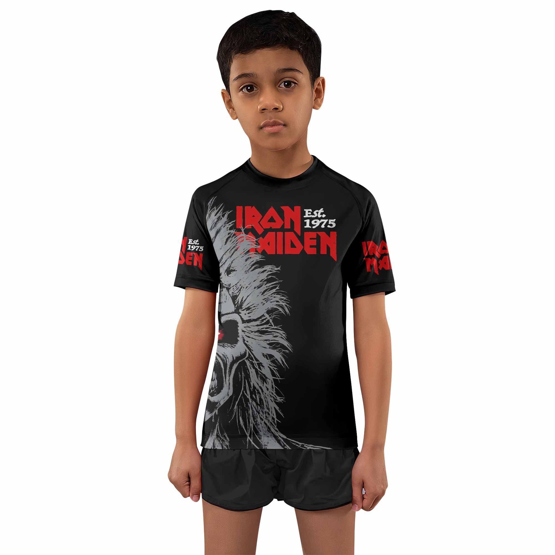 Iron Maiden Eddie the Head Kids Rash Guard Short Sleeve - front and back view