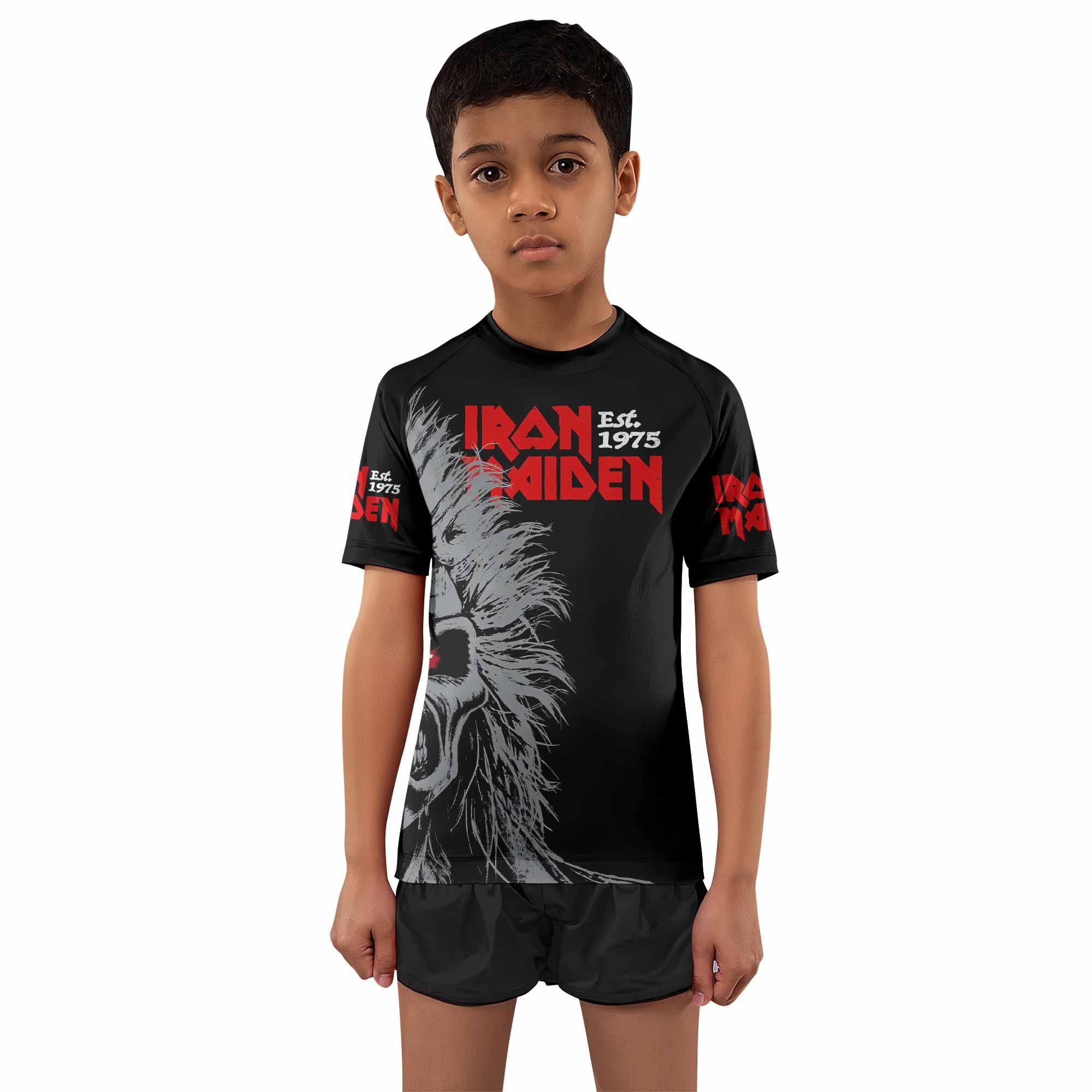 Iron Maiden Eddie the Head Kids Rash Guard Short Sleeve - front and back view