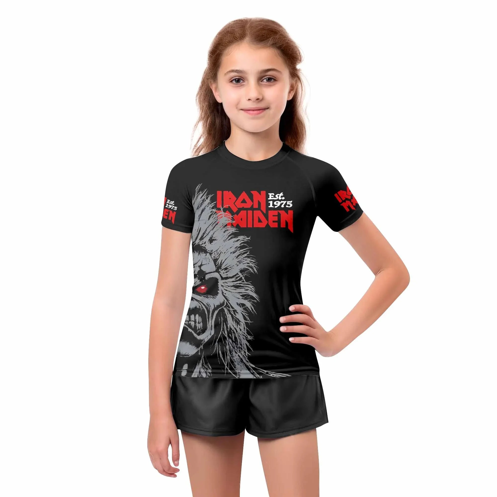Iron Maiden Eddie the Head Kids Rash Guard Short Sleeve - girl's lifestyle view