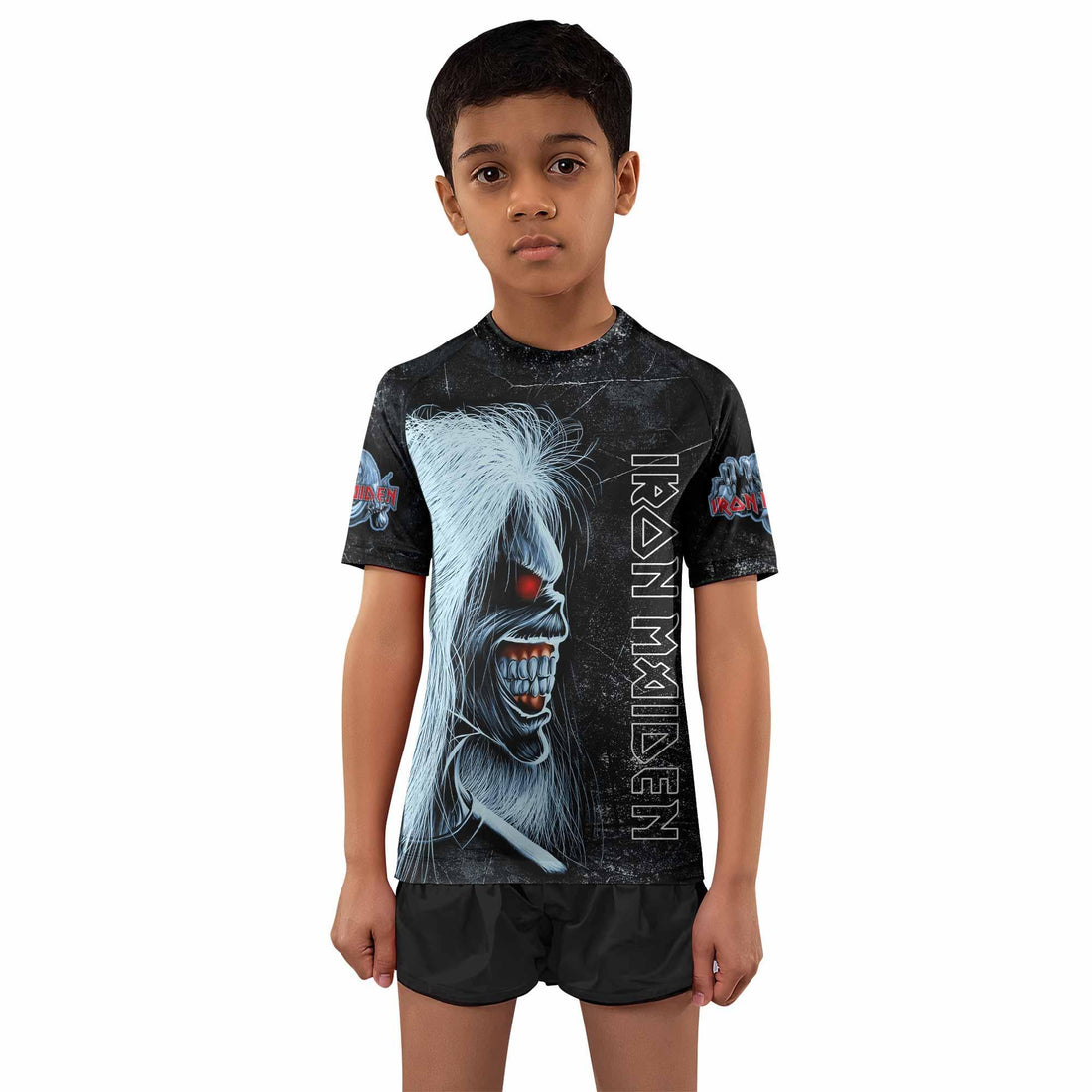 Iron Maiden The Ten Eddies Kids Rash Guard Short Sleeve - front and back view