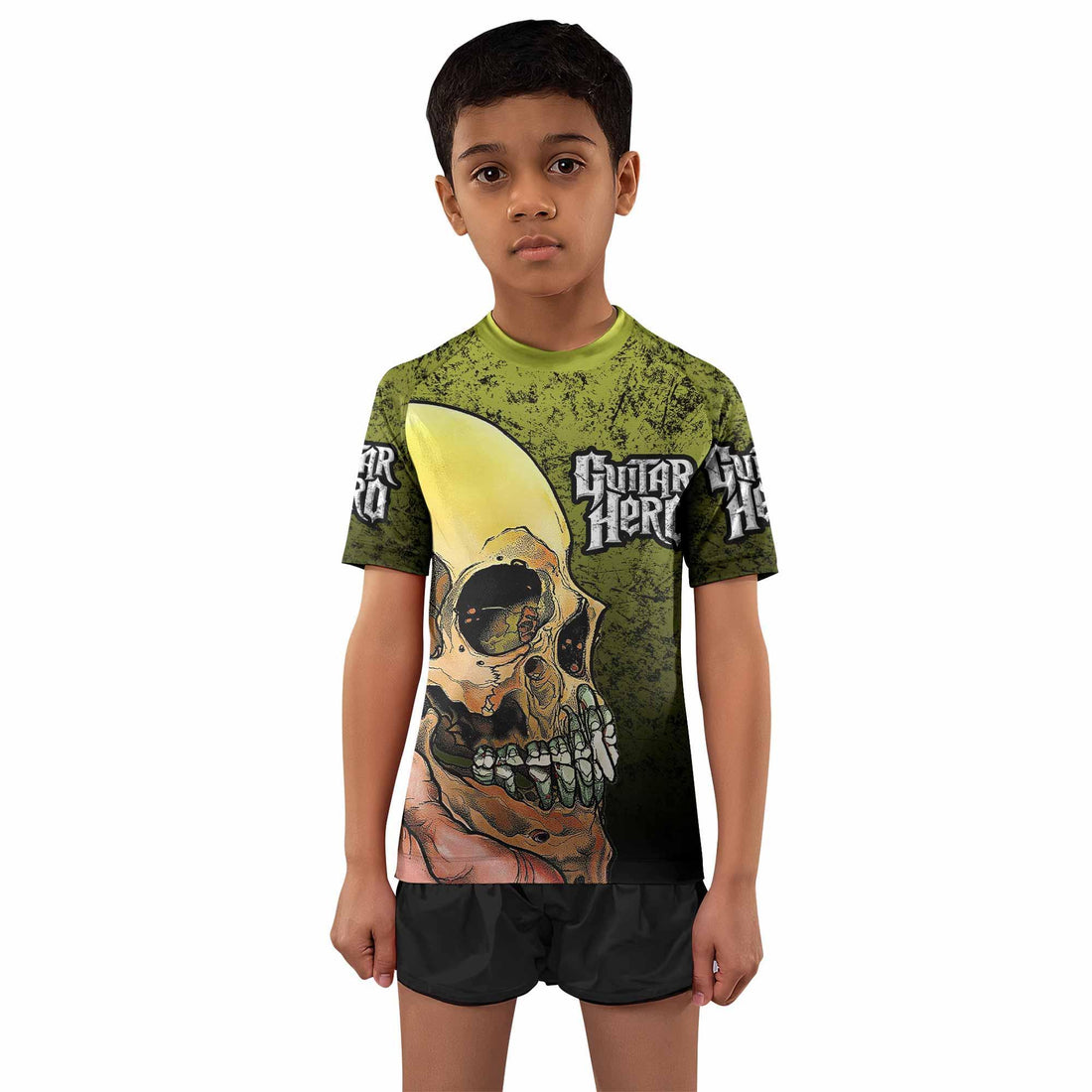 Guitar Hero Skull Kids Rash Guard Short Sleeve - front and back view