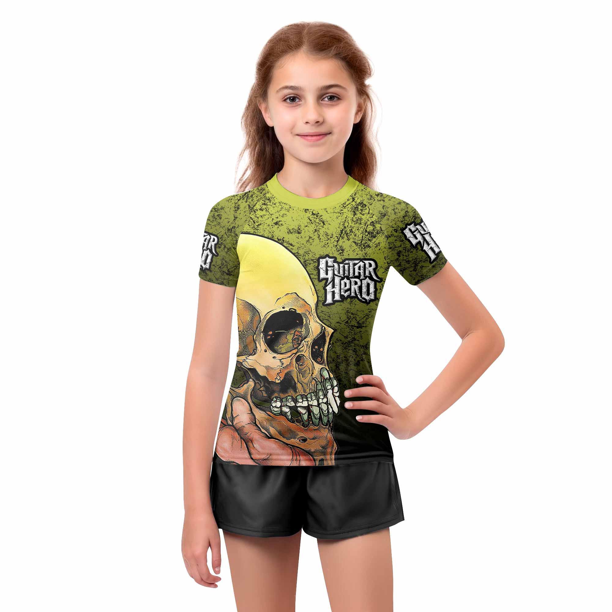 Guitar Hero Skull Kids Rash Guard Short Sleeve - girl's lifestyle view