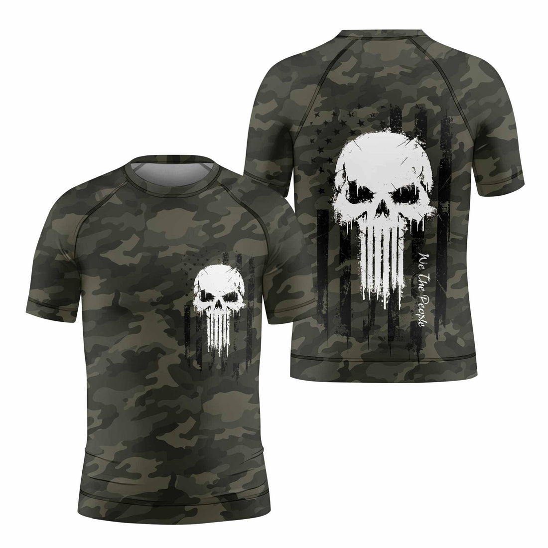 The Punisher Skull We The People Kids Rash Guard Short Sleeve - front and back view