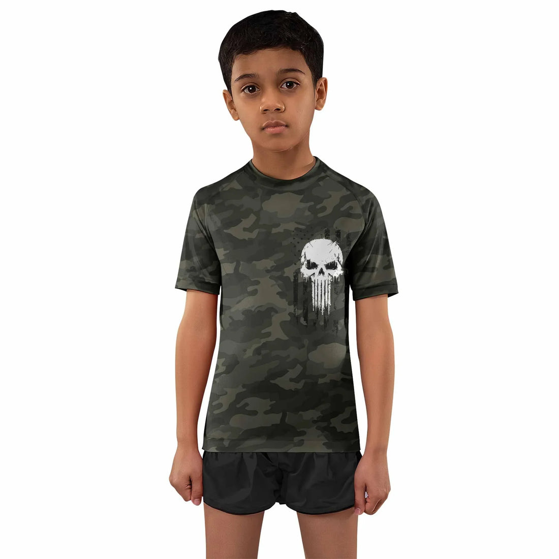 The Punisher Skull We The People Kids Rash Guard Short Sleeve - front and back view