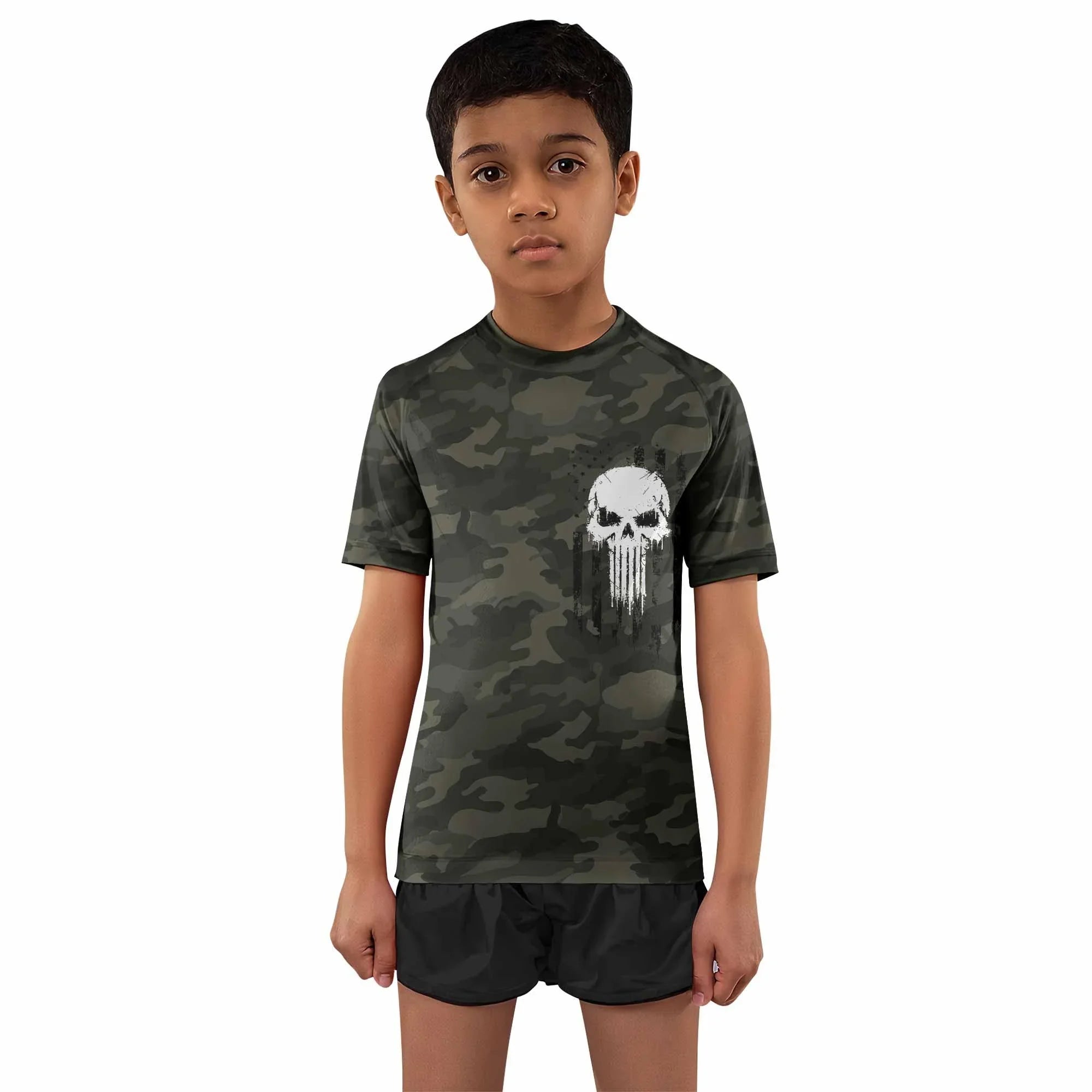 The Punisher Skull We The People Kids Rash Guard Short Sleeve - front and back view