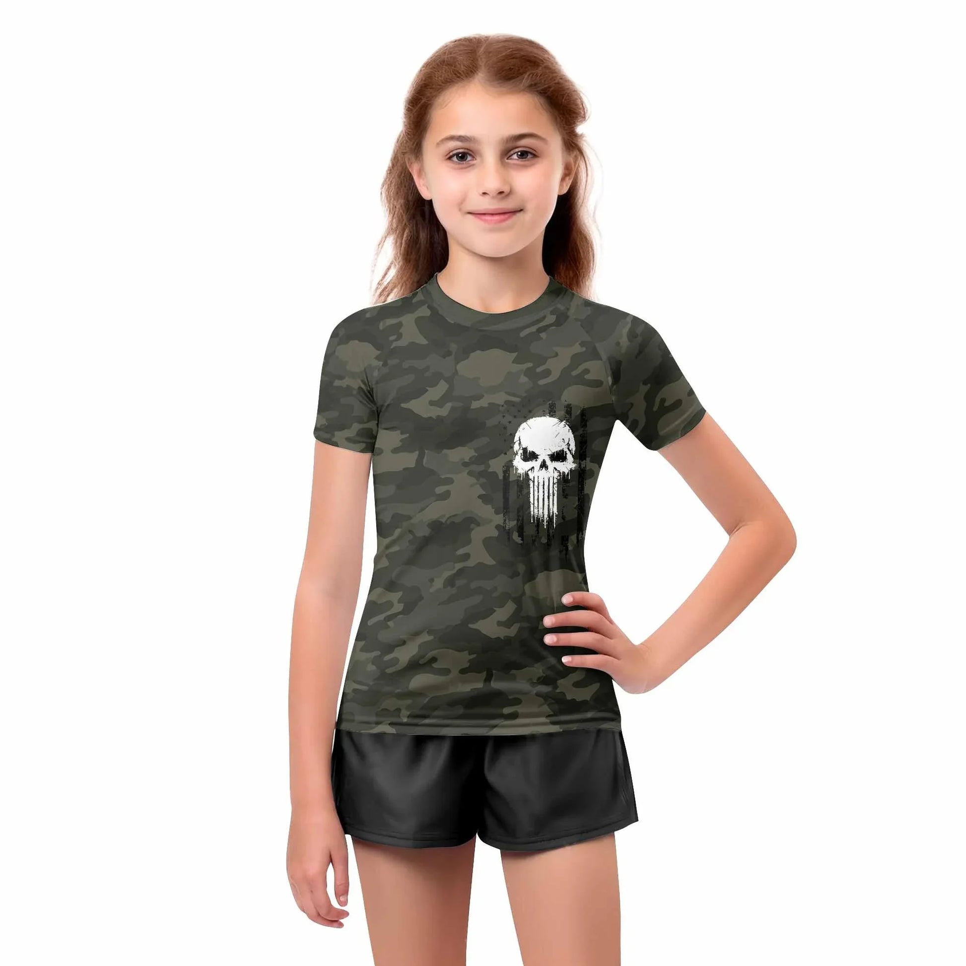 The Punisher Skull We The People Kids Rash Guard Short Sleeve - girl's lifestyle view