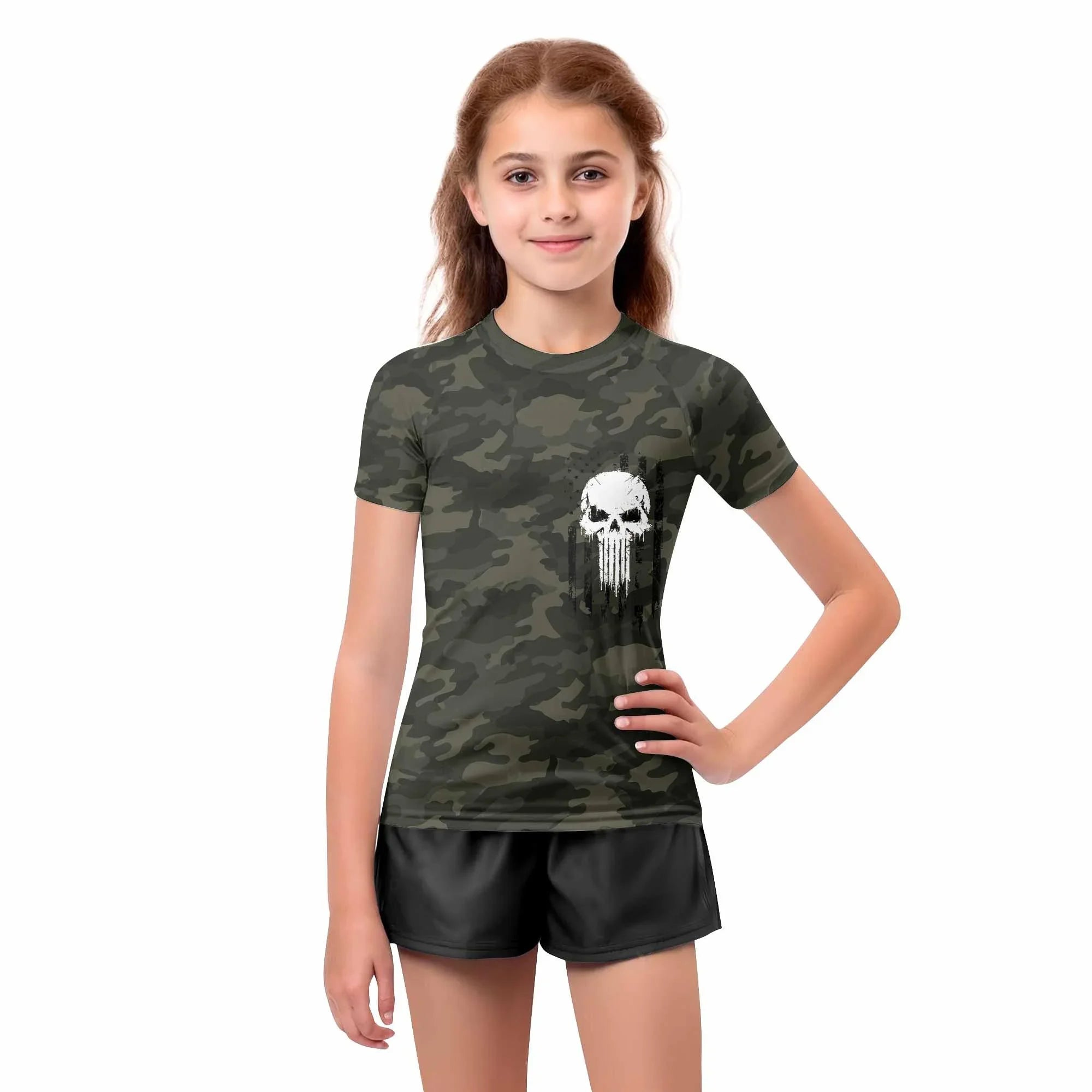 The Punisher Skull We The People Kids Rash Guard Short Sleeve - girl's lifestyle view