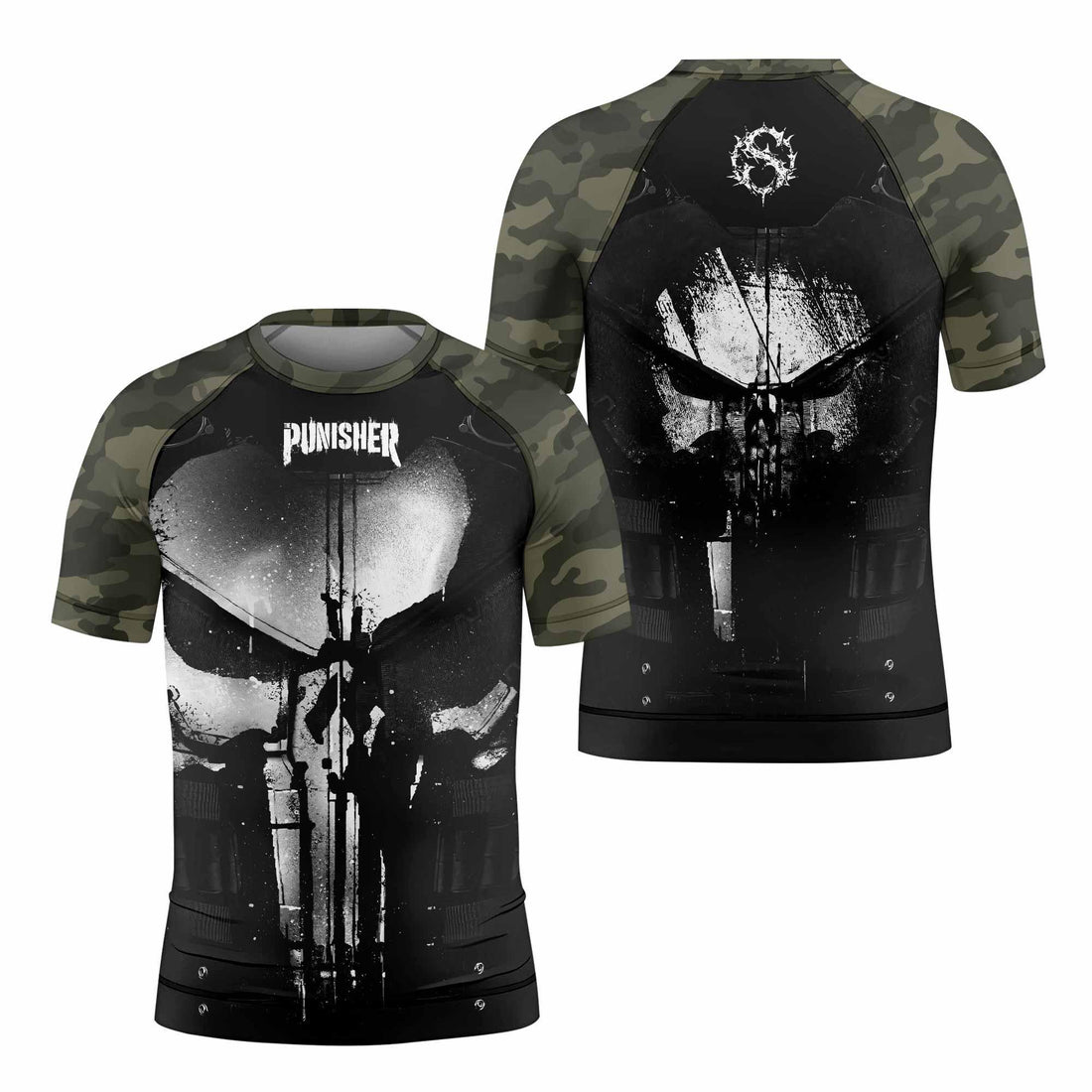 The Punisher Skull Camouflage Kids Rash Guard Short Sleeve - front and back view